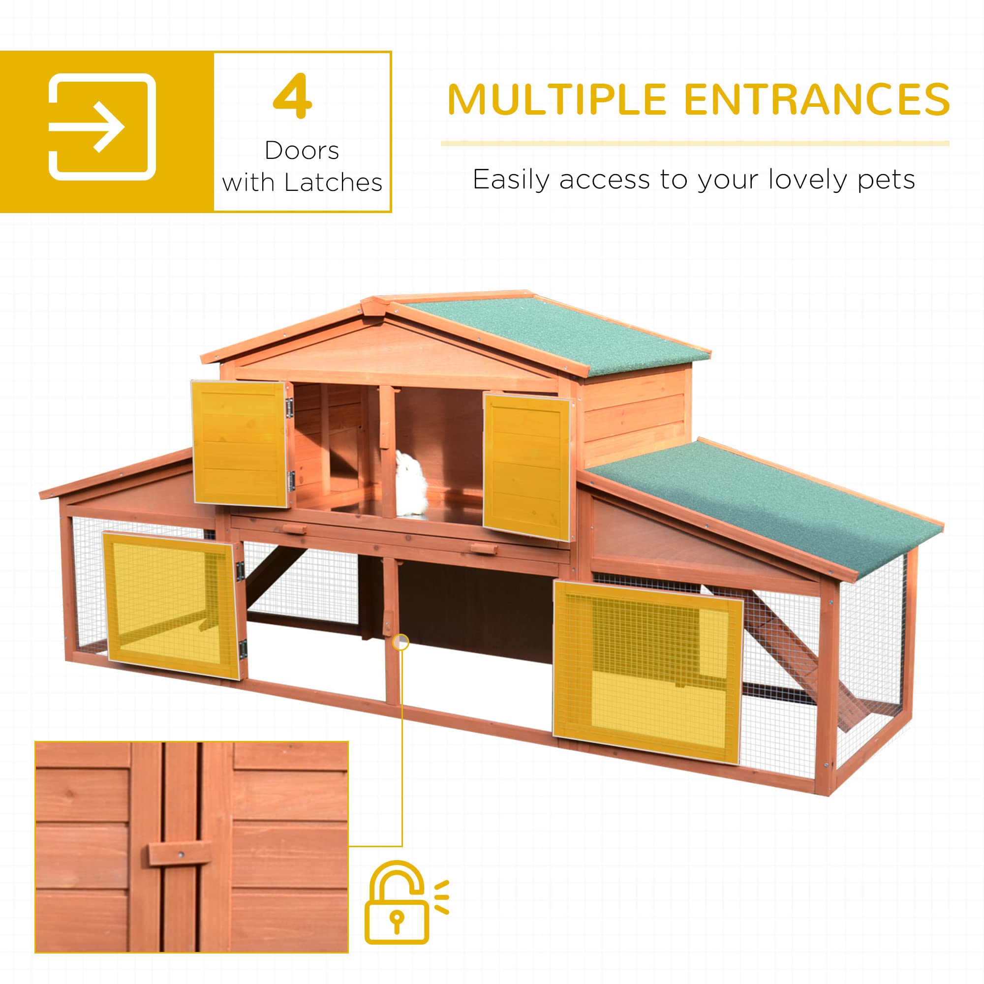 Pawhut 89' L Outdoor Rabbit Hutch, Guinea Pig Cage Indoor Outdoor Wooden Bunny Hutch With Double Runs, Weatherproof Roof, Removable Tray, Ramps, Natural