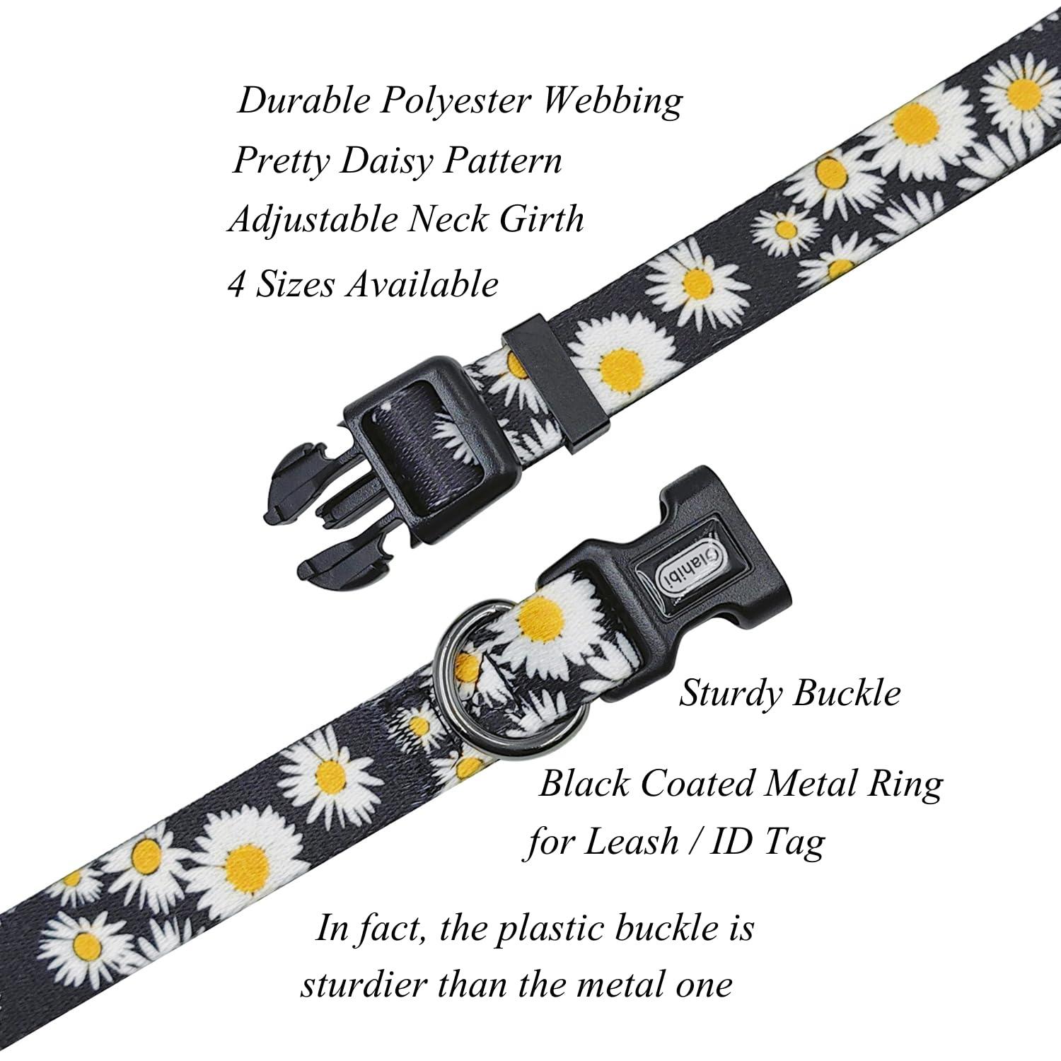 Olahibi Dog Collar And Leash Set, Cute Daisy Pattern, Polyester Material, 5Ft Leash, For Large Dogs.(Large,Black Daisy)