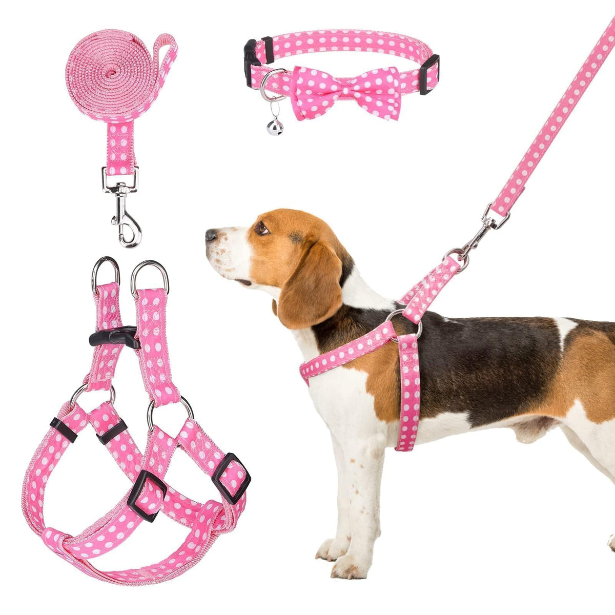 Bingpet Dog Harness Collar Leash Set,Adjustable No Pull Escape Proof Small Dog Harness,Classic Plaid Puppy Harness And Leash Set For Small Medium Large Dogs Training Easy Walk Running(Polka Dots,M)