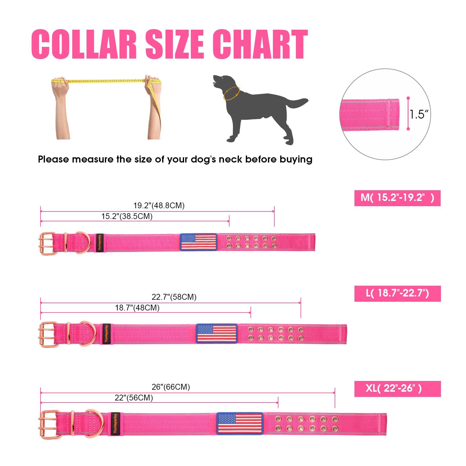 Yunleparks Heavy Duty Tactical Dog Collar With Neoprene Padded And Metal Buckle, Reflective Nylon For Medium To Large Dogs(Pink,