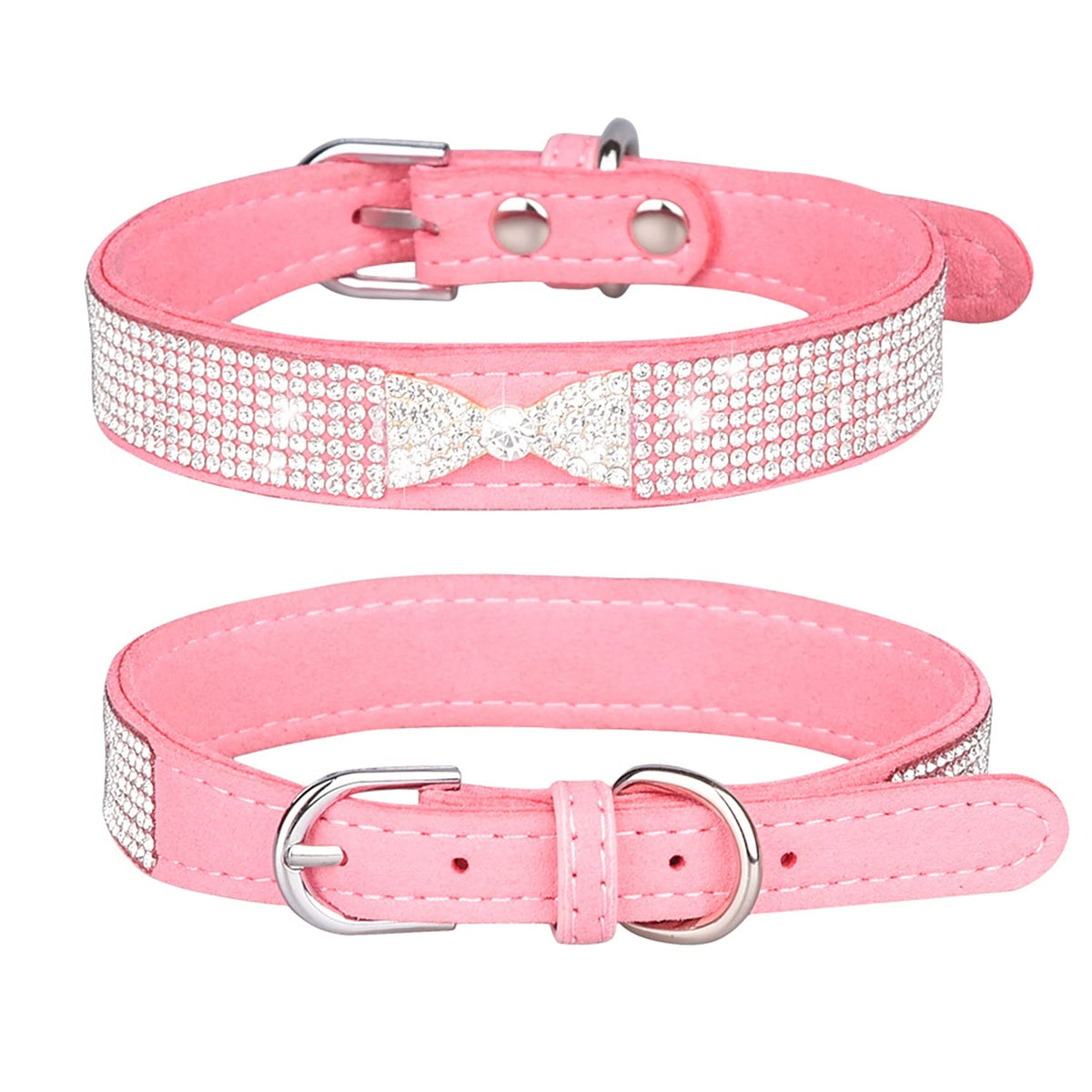 Pimaodog Rhinestone Dog Collar, Cute Dazzling Sparkling Soft Suede Leather Adjustable Pet Dog Cat Collar Crystal Diamond For Puppy Small Medium Large Dogs (L:38 - 46Cm, Pink-3)