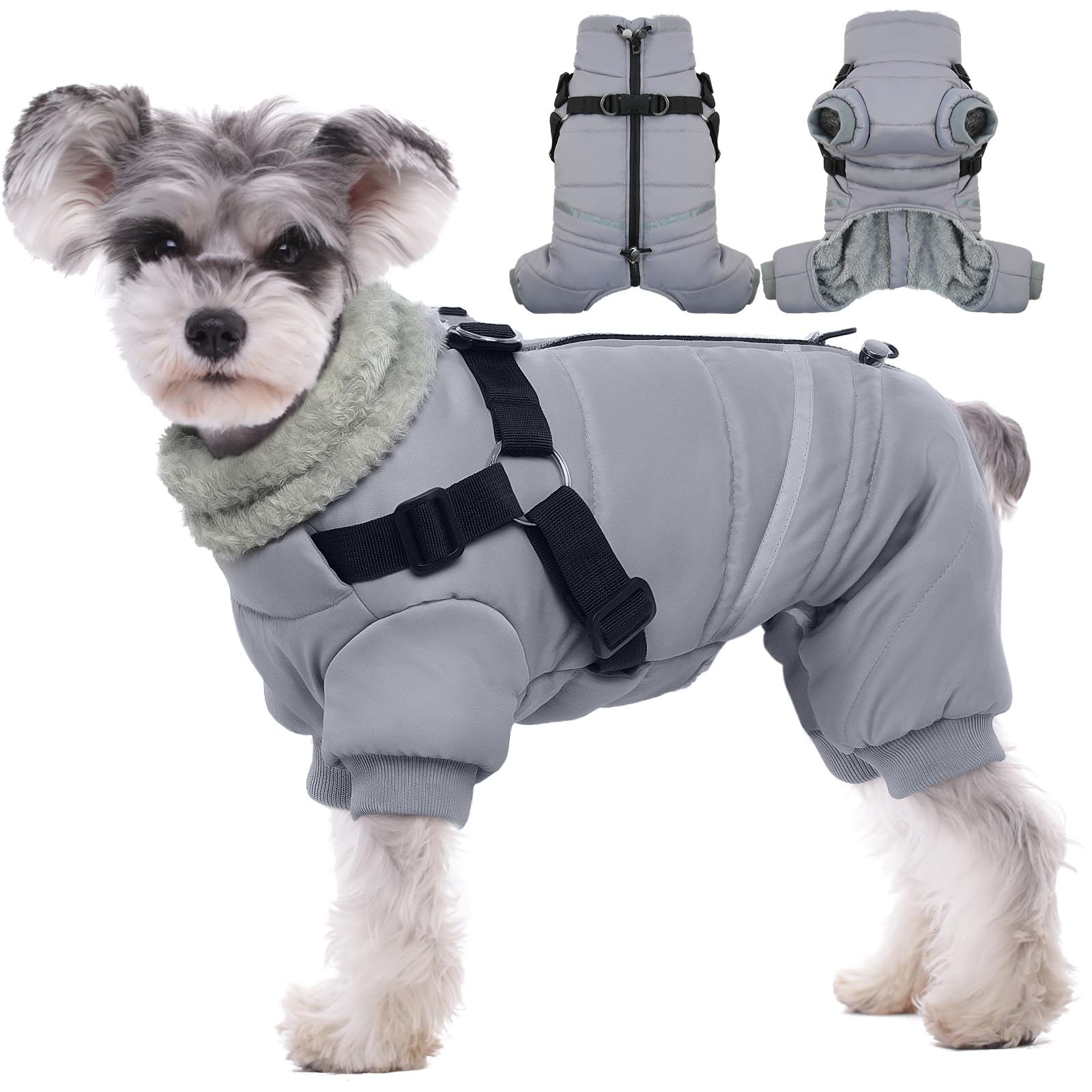 BRKURLEG Grey Dog Winter Coat, Cozy Winter Dog Jackets with Harness, Onesie Body Warm Dog Christmas Coats, Pet Reflective Windpr