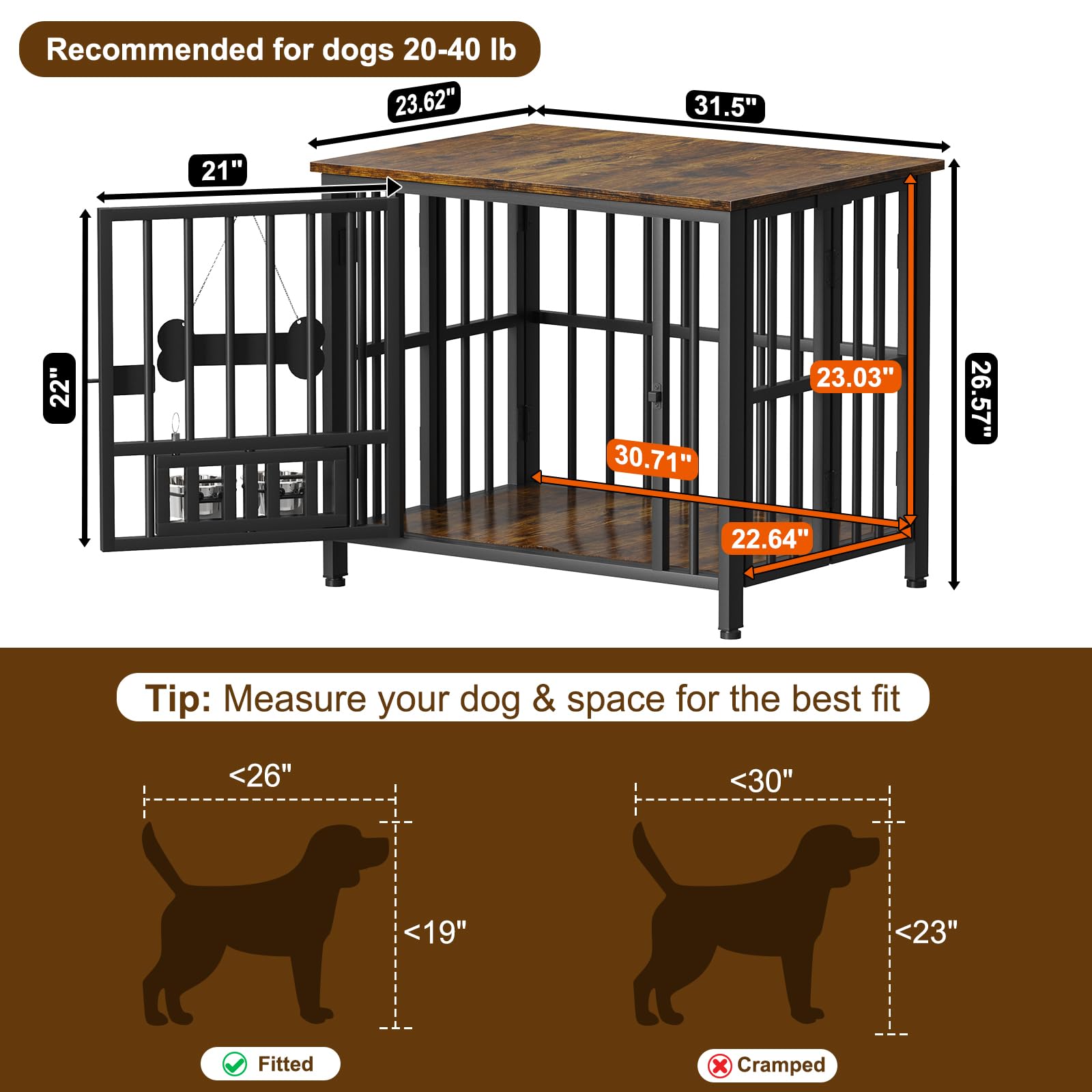 Easycom 31 Dog Crate Furniture Foldable, No Assembly Decorative Dog Kennel Indoor, Dog Crates for Medium Dogs(20-40 lb), Wooden