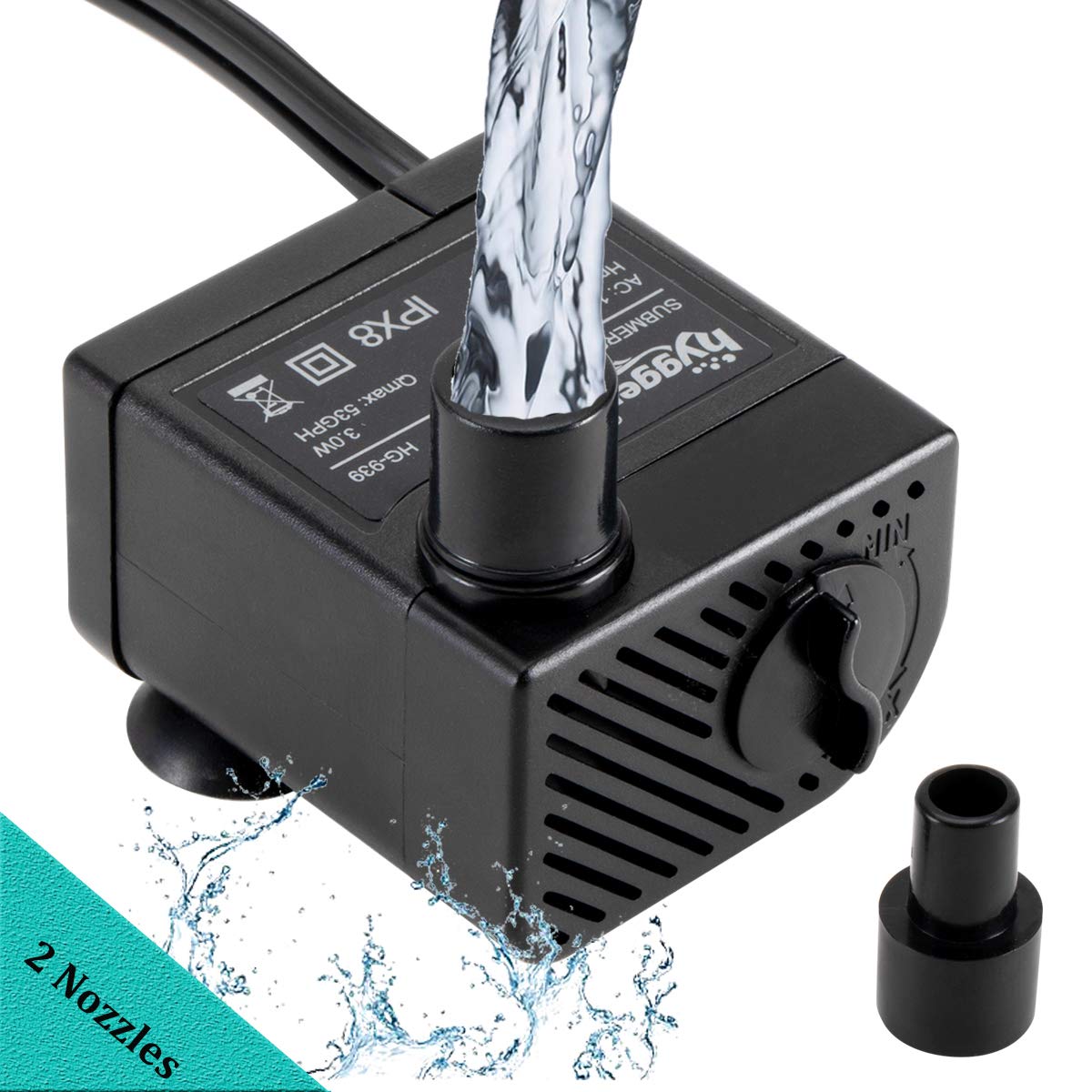 Hygger Ultra Quiet 53Gph (200L/H, 3W) Submersible Mini Water Pump Comes With 2 Nozzles, For Aquariums, Fish Tank, Fountain, Max 