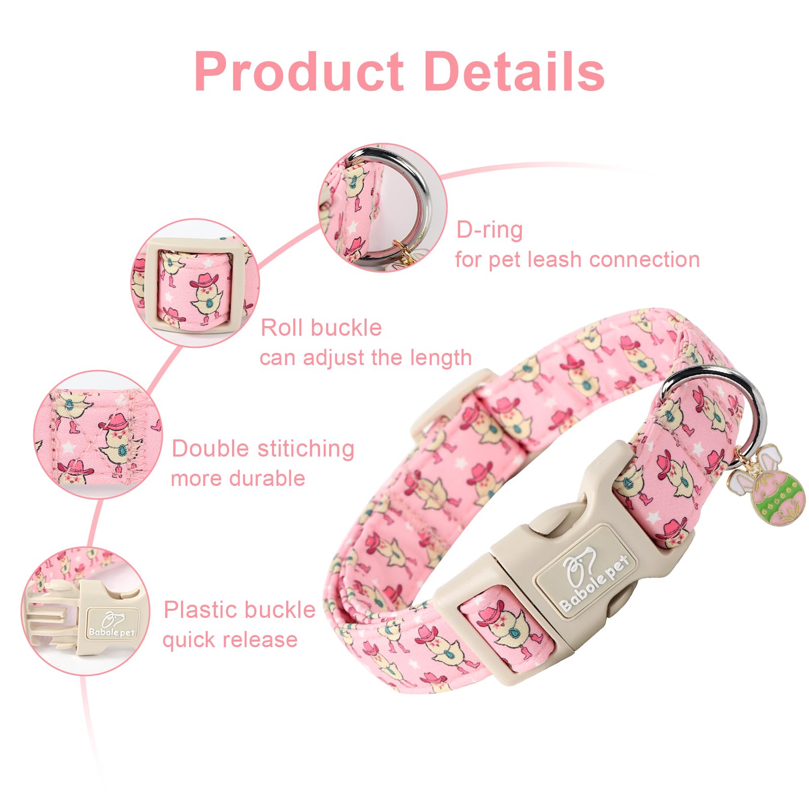 Babole Pet Easter Dog Collar - Pink With Cute Chickens Printed, Adjustable Comfortable With Quick Release Buckle, X-Large
