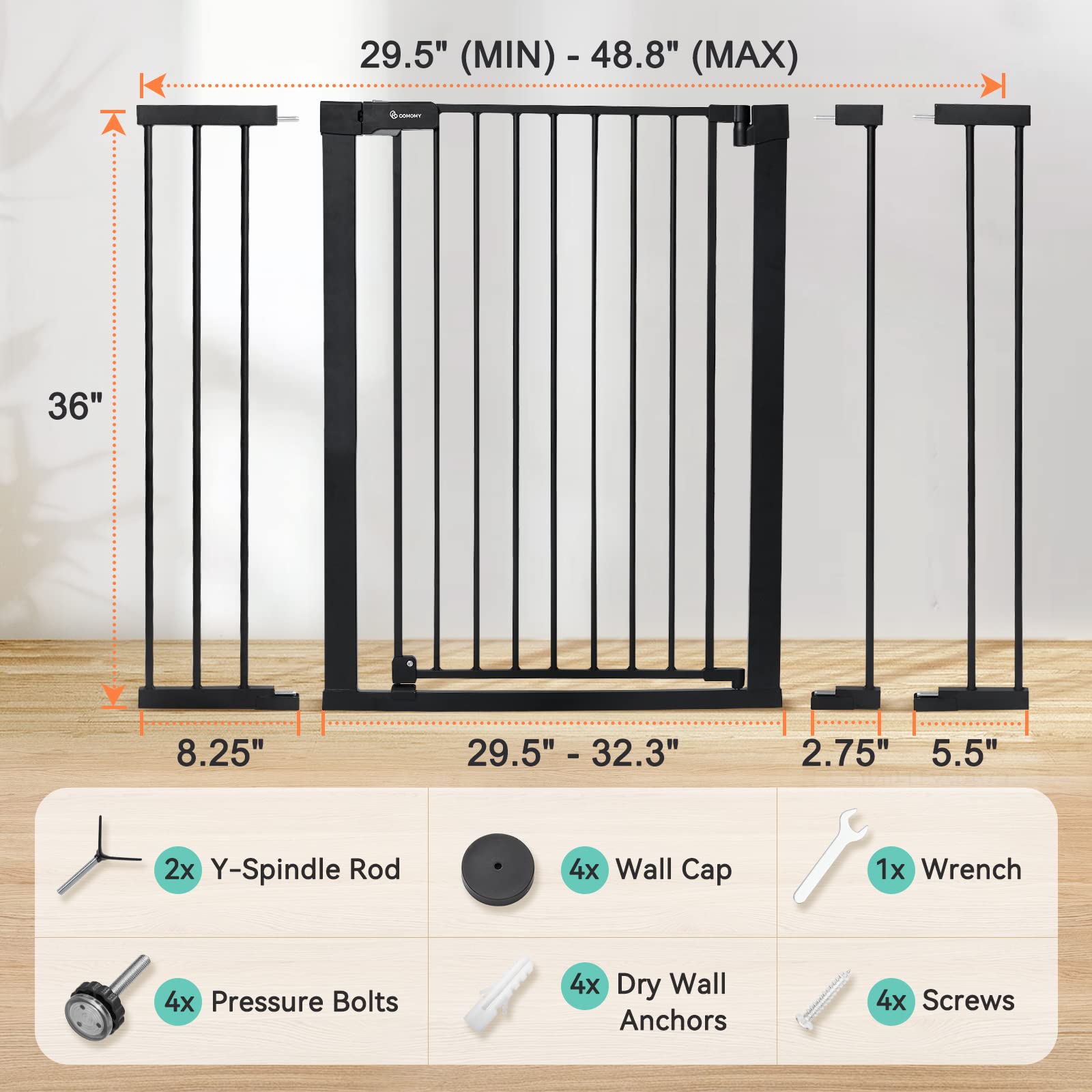 Comomy 36' Extra Tall Baby Gate For Stairs Doorways, Fits Openings 29.5' To 48.8' Wide, Auto Close Extra Wide Dog Gate For House, Pressure Mounted Easy Walk Through Pet Gate With Door, Black