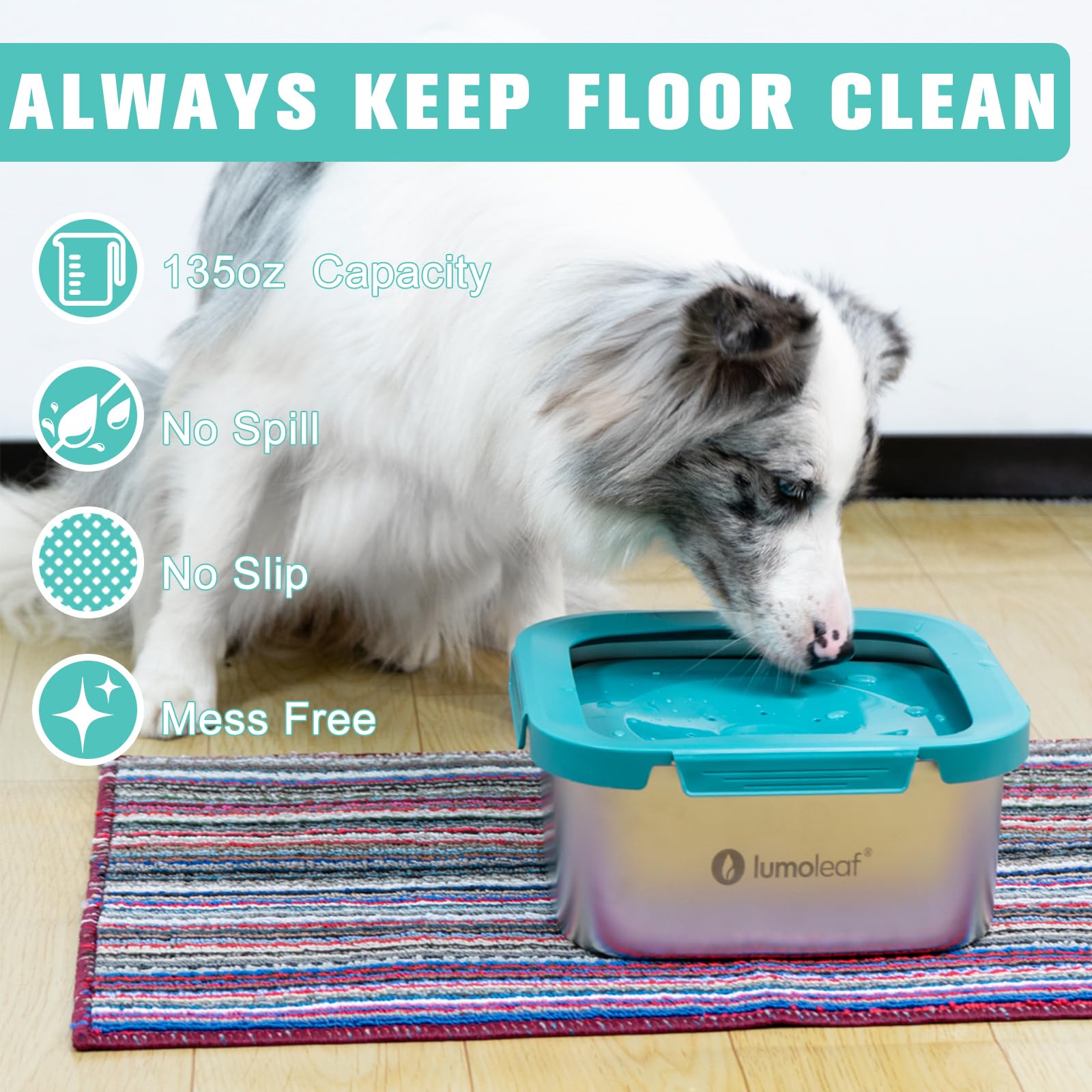 Lumoleaf No Spill Water Bowl For Large Dogs With Filter, 135Oz/4L, Slow Feeder For Messy Drinkers, Drip-Free & Splash-Proof, For