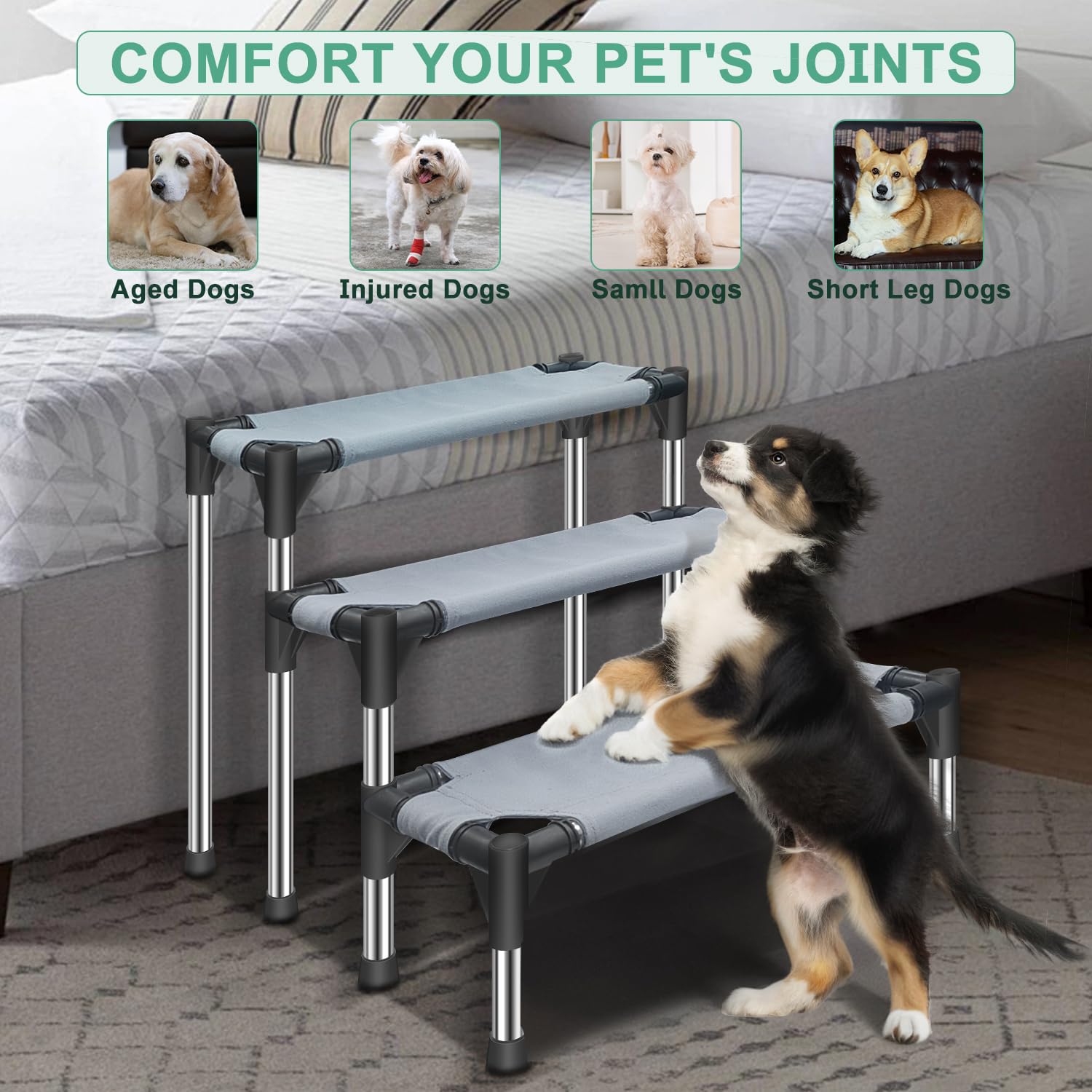 Dog Stairs For Small Dogs - 3 Tiers Dog Steps For High Bed And Couchsofa 17.7'' H, Non-Slip Bottom Pet Stairs, For Dogs And Cats