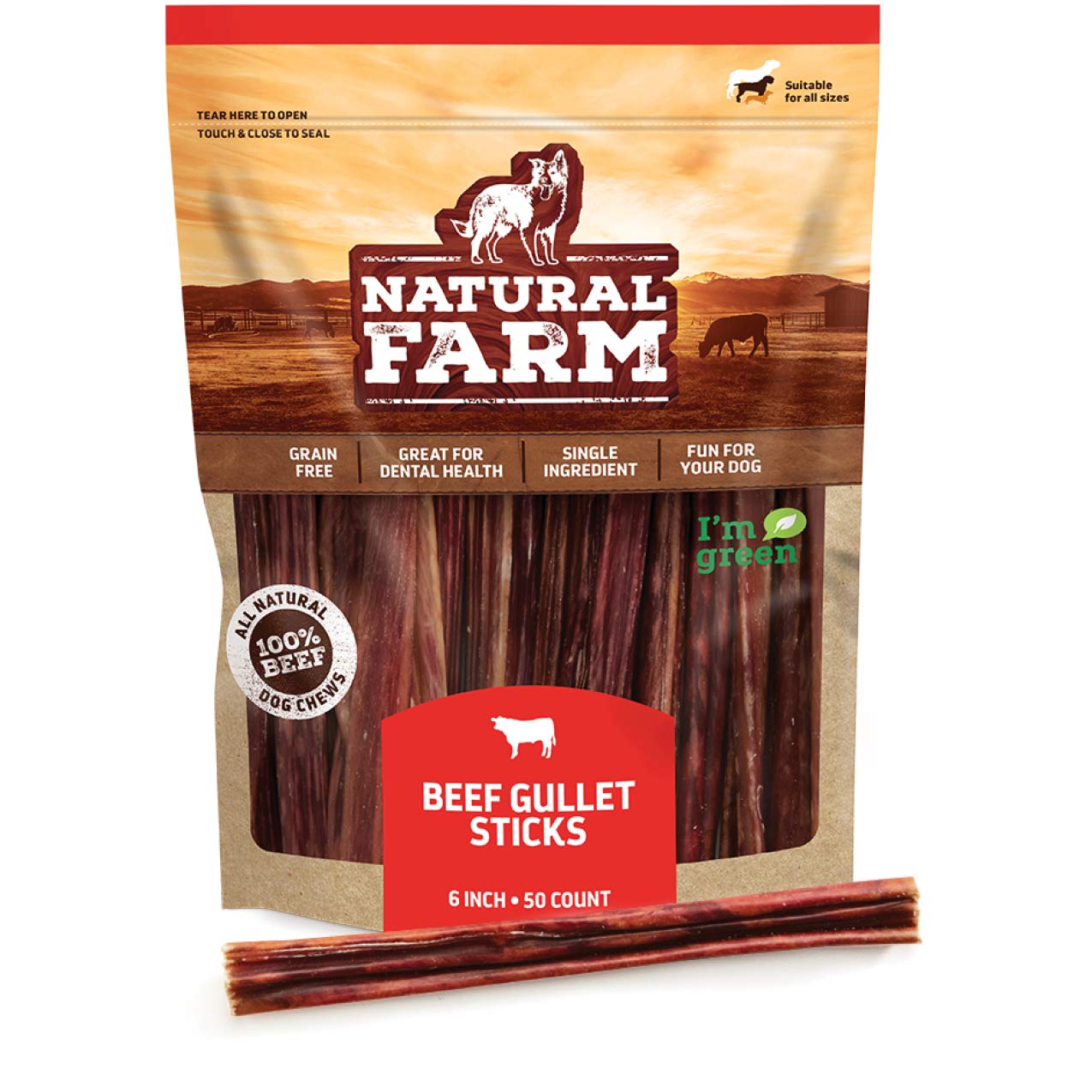 Natural Farm Gullet Sticks (6 Inch, 50 Pack) - One Ingredient Beef Esophagus Chews - Fully Digestible, Promotes Joint & Dental H