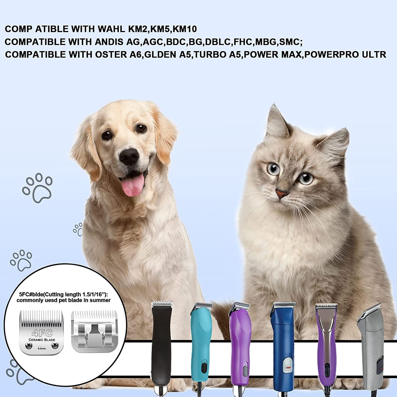 4Fc Blade Detachable Pet Clipper Replacement Blades Compatible With Andis Pet Clipper/Oster A5/Wahl Km Series Dog Clipper,Cerami