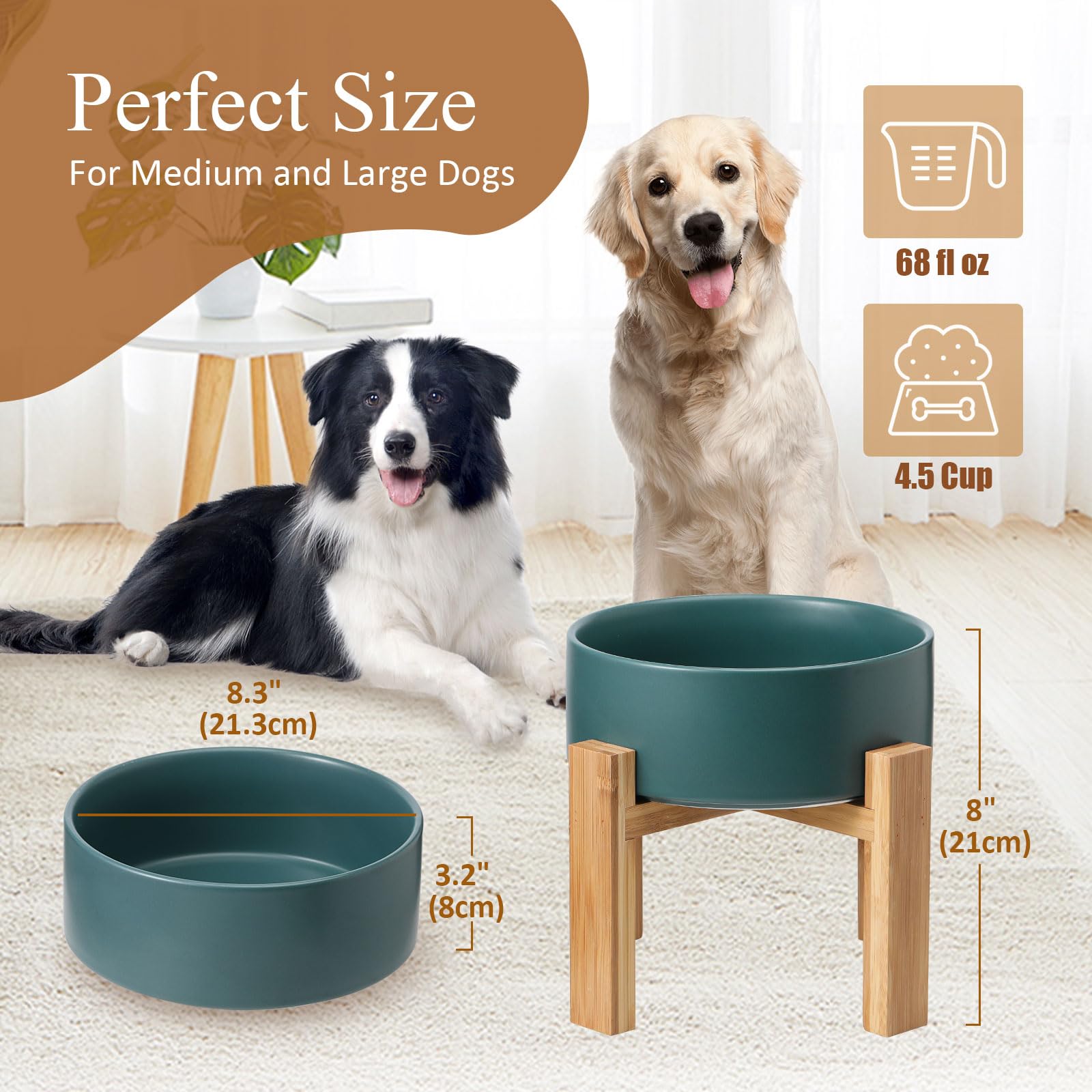 Elevated Ceramic Large Dog Bowl - Raised Dog Dish With Bamboo Stand - Heavy Weighted, No Tip Over, Comfortable Eating - 8.4'' Di