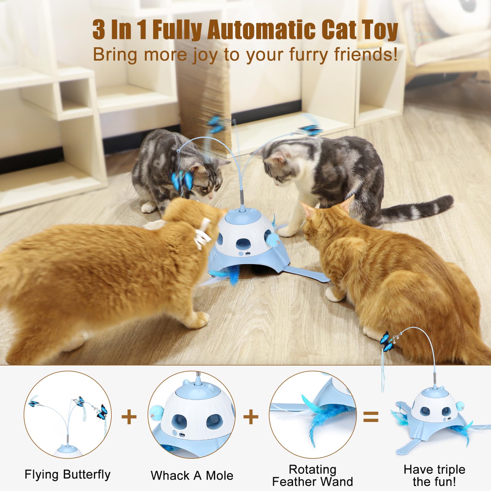 Aiperro 3-In-1 Automatic Cat Toys For Indoor Cats, Fluttering Butterfly, Whack A Mole, Rotating Feather Wand, Usb Rechargeable I