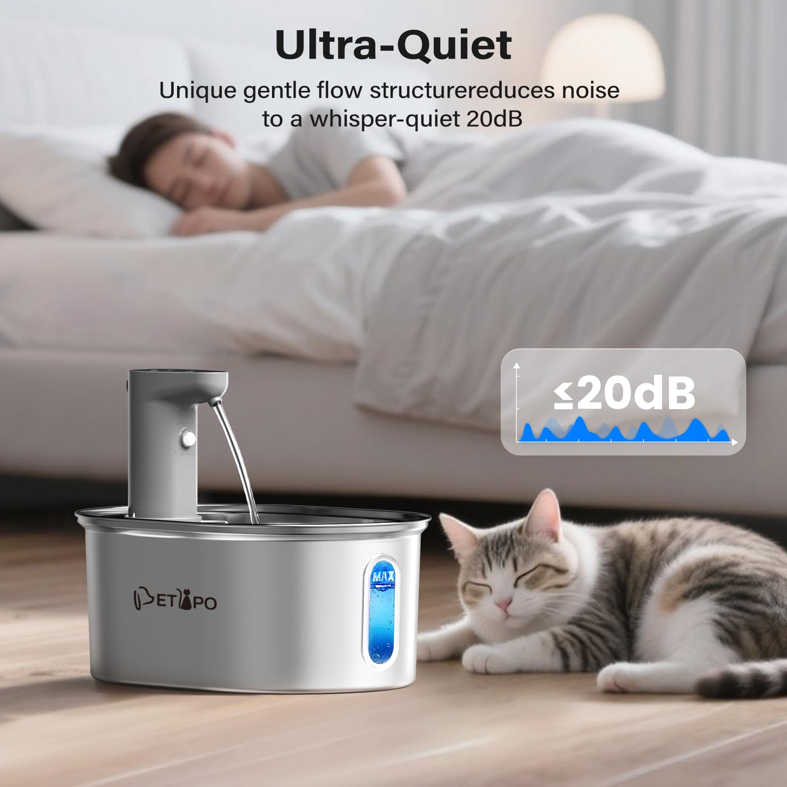 Cat Water Fountain Wireless Cordless, Stainless Steel Automatic Pet Water Fountain With Motion Sensor, 5000Mah Battery Operated