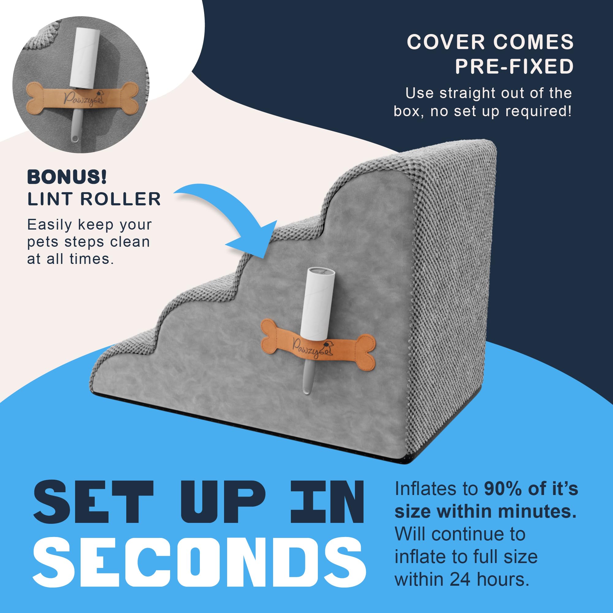 Pawzy Foam Pet Stairs For Bed, Couch Or Window Prefixed Cover - Wide Steps For Bed, Waterproof, Non-Slip Base - 4 Tier Ramp Dog