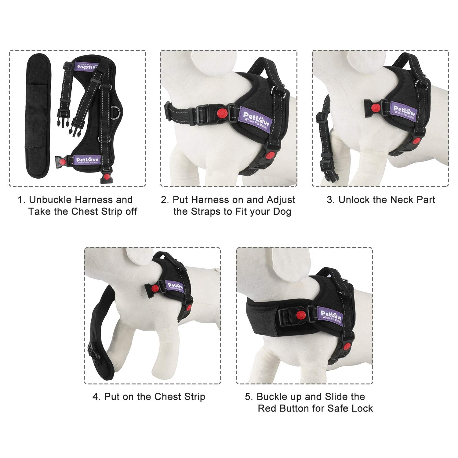 Petlove Dog Harness, Adjustable Soft Leash Padded No Pull Dog Harness For Small Medium Large Dogs, Black
