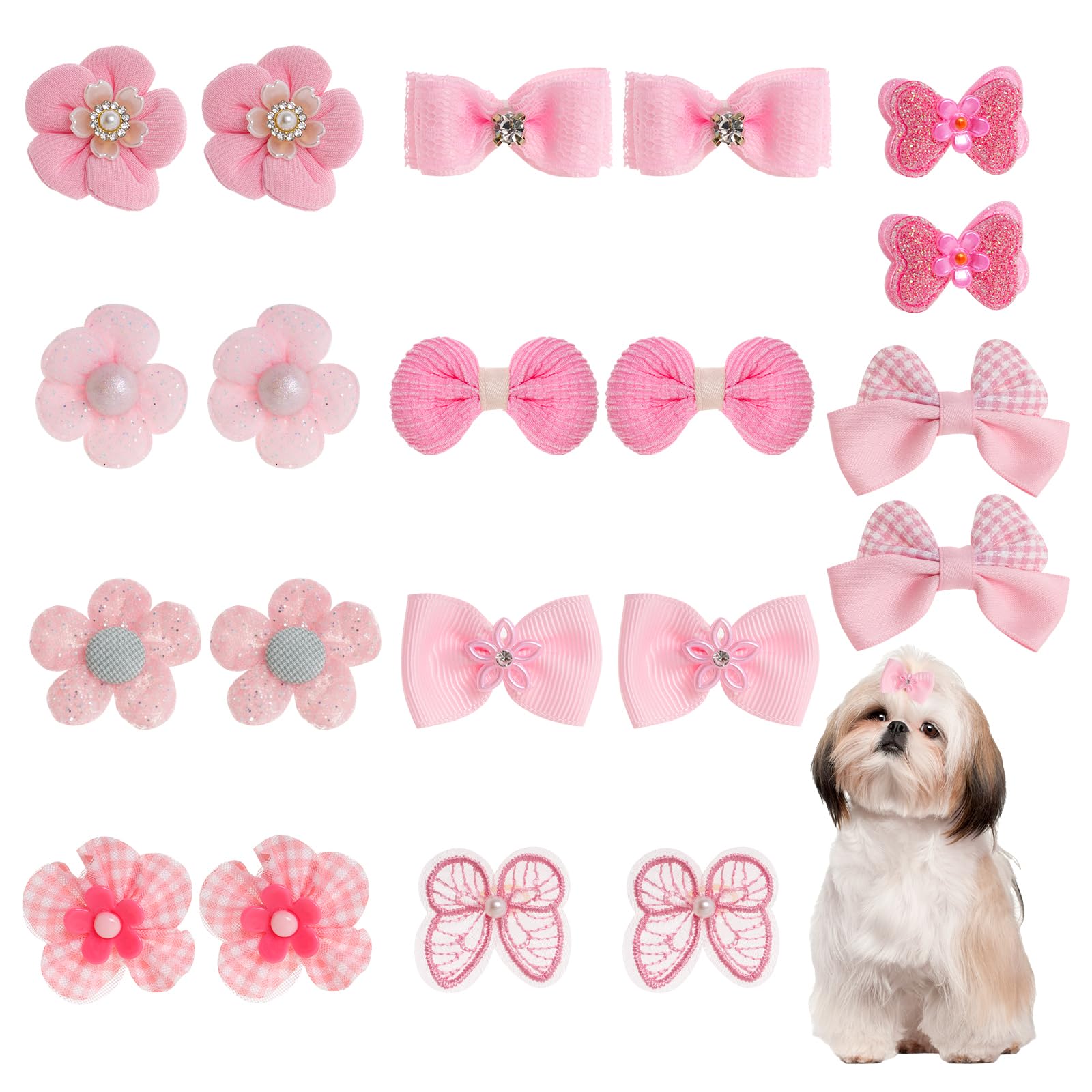 20Pcs Light Pink Small Dog Hair Bows Cute Puppy Dog Bowknot Hair Bow Bulk with Rubber Bands Elastic Lace Rhinestone Pearls Hair 