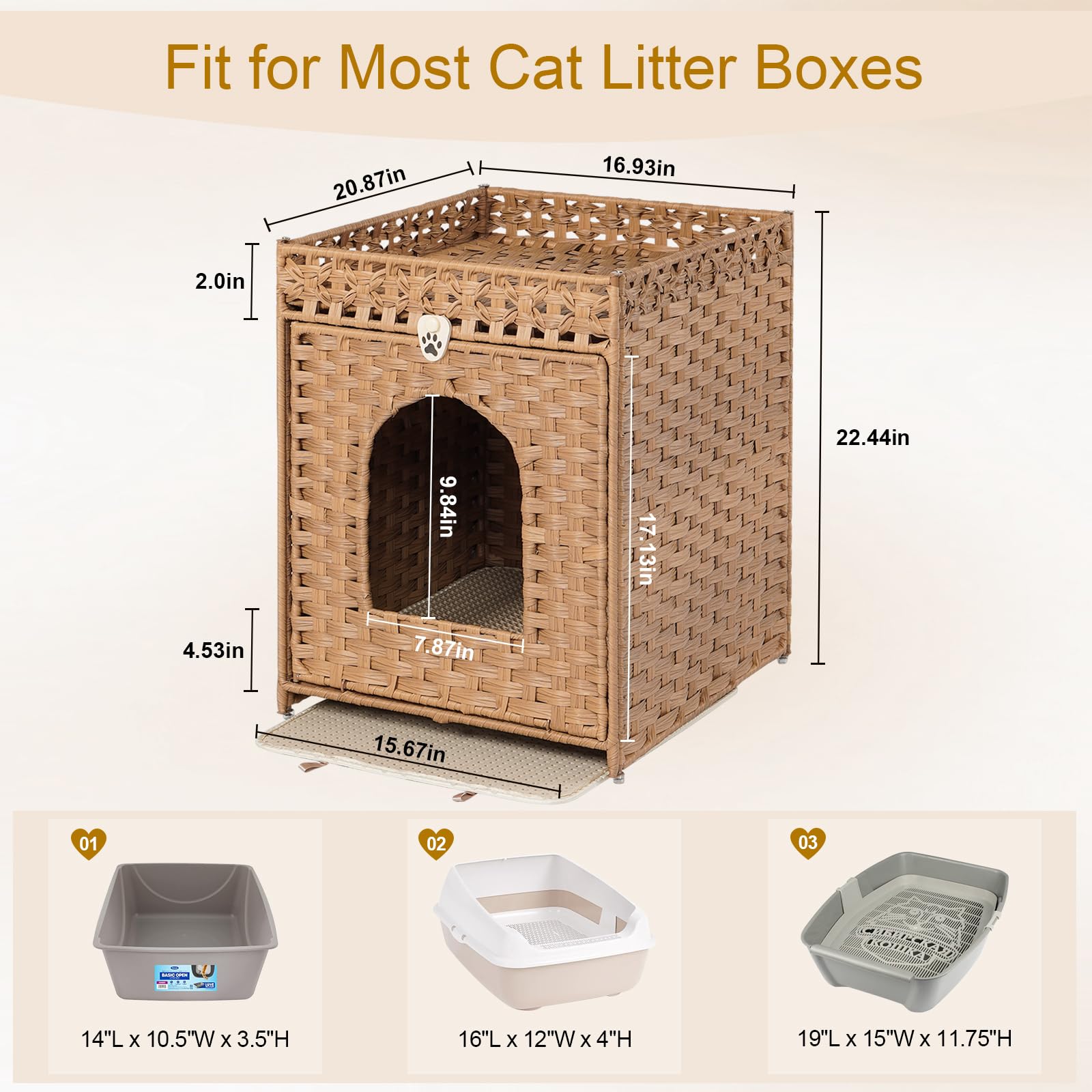 Snughome Cat Litter Box Enclosure Furniture Hidden With Cat Litter Mat, Hidden Cat Washroom Furniture With Door, Handwoven Ratta