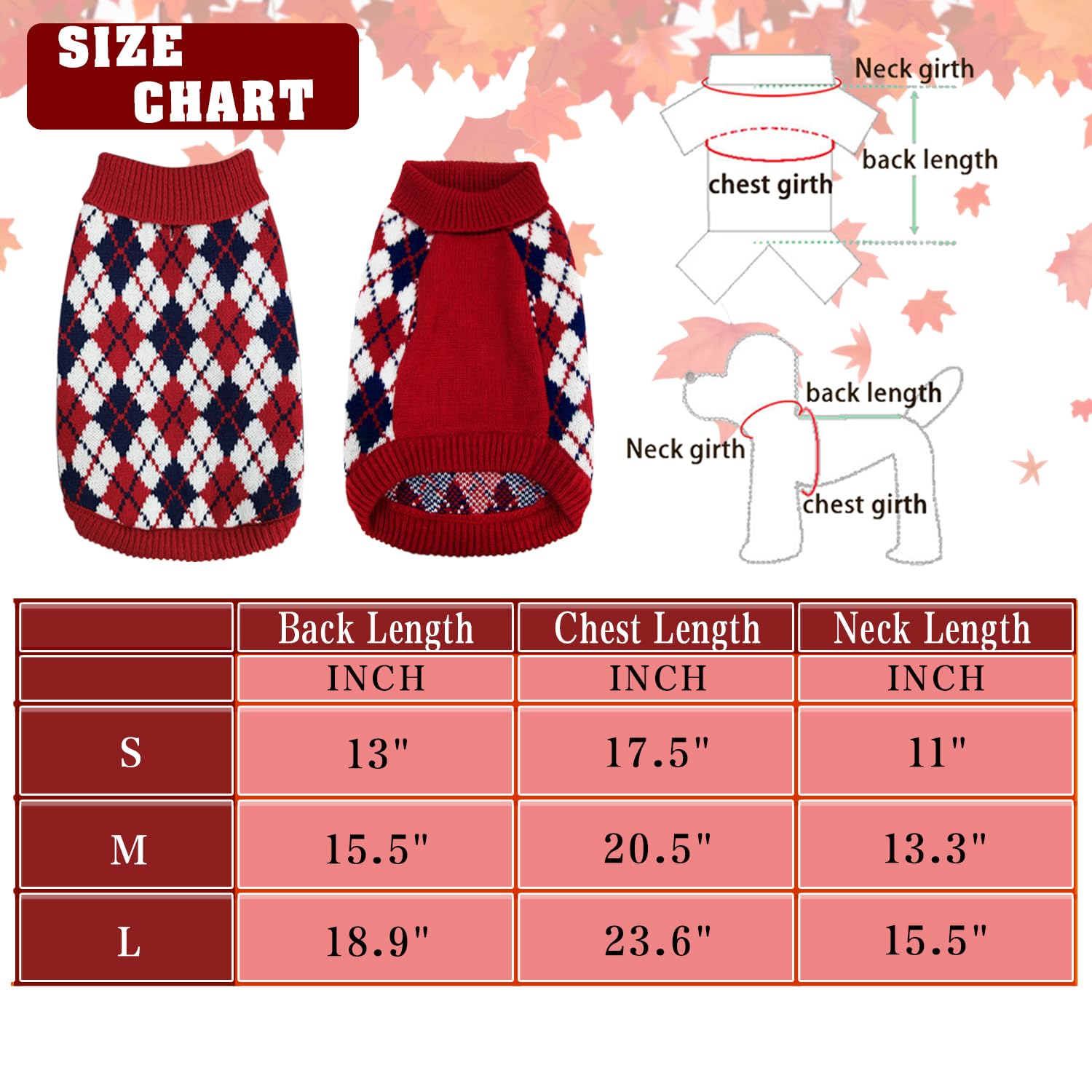 Dog Sweater Knitted Pet Clothes Classic Winter Outfit with Plaid Red Argyle Patterns Warm Dog Turtleneckr Sweatshir for Small Me