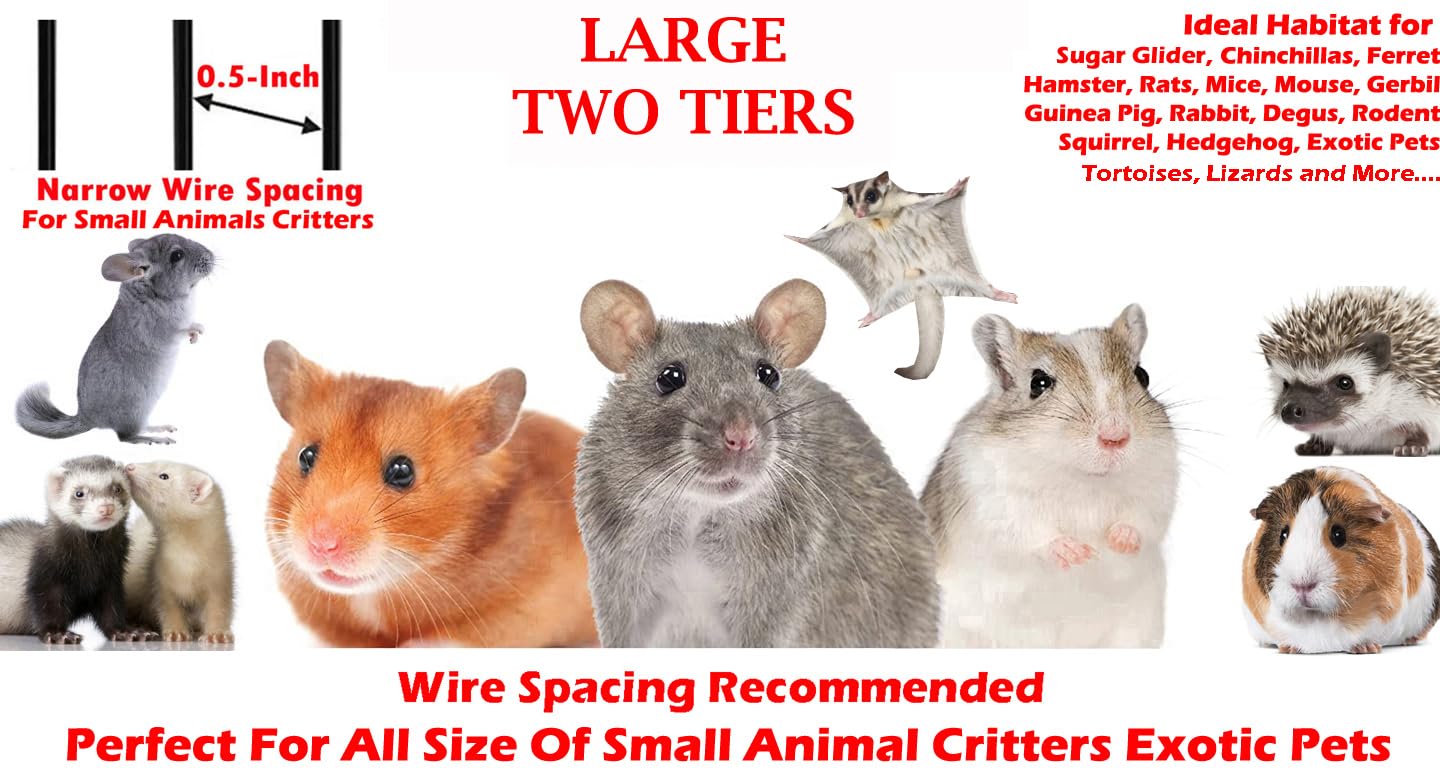 Two Tiers Large Ferret Hammock Chinchilla Guinea Pig Rabbit Mouse Critter Home Rolling Cage Tight 1/2-inch Bar Spacing Easy Clea