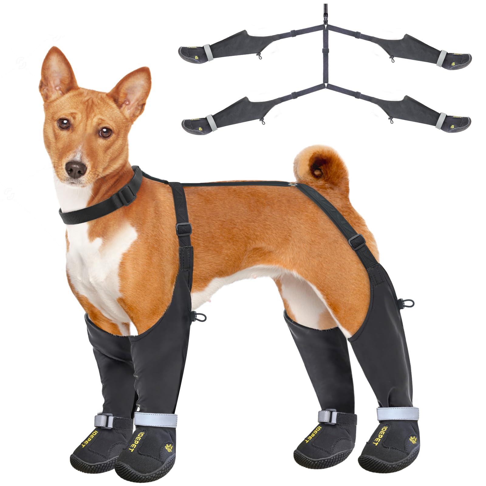 Idepet Dog Suspender Boots, Anti-Slip & Fall Waterproof Tall Dog Shoes Boots Legging for Small Medium Dog, Adjustable Suspender 