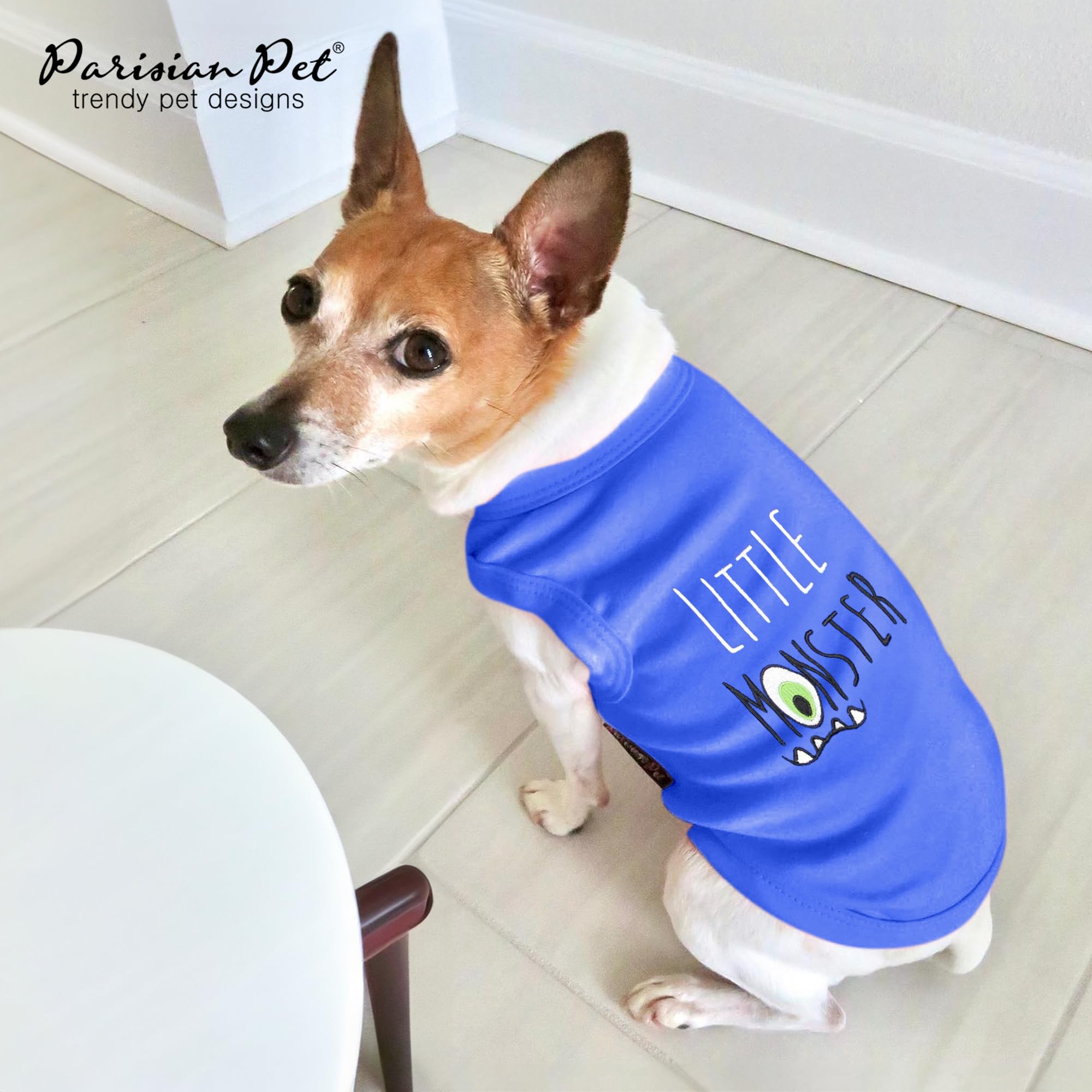 Parisian Pet Dog Tshirt - Embroidered “ Little Monster “ Boy Dog Shirt - Pure Cotton And Lightweight Dog Clothes - Sleeveless Blue Dog Tee Shirts - Machine Washable Dog Shirts For Medium Dogs - M
