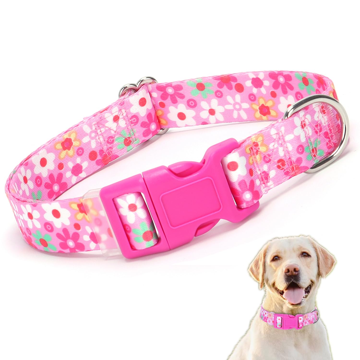 Pink Collars for Dogs, Pretty Flower Pattern Design Quick Release Buckle Soft Nylon Female Dog Collars Adjustable for Small Medi