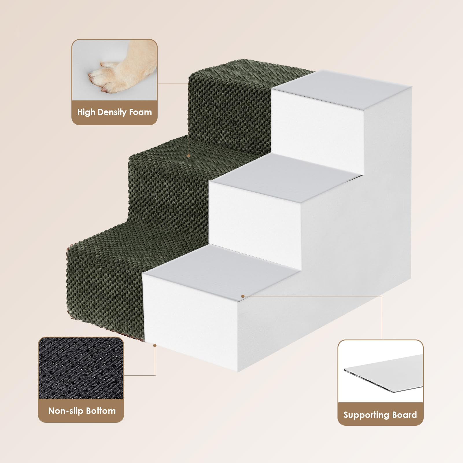 Eheyciga Dog Stairs For Small Dogs 13.5' H, 3-Step Dog Steps For Couch Sofa And Chair, Pet Steps For Small Dogs And Cats, Non-Slip Balanced Dog Indoor Ramp, Olive Green