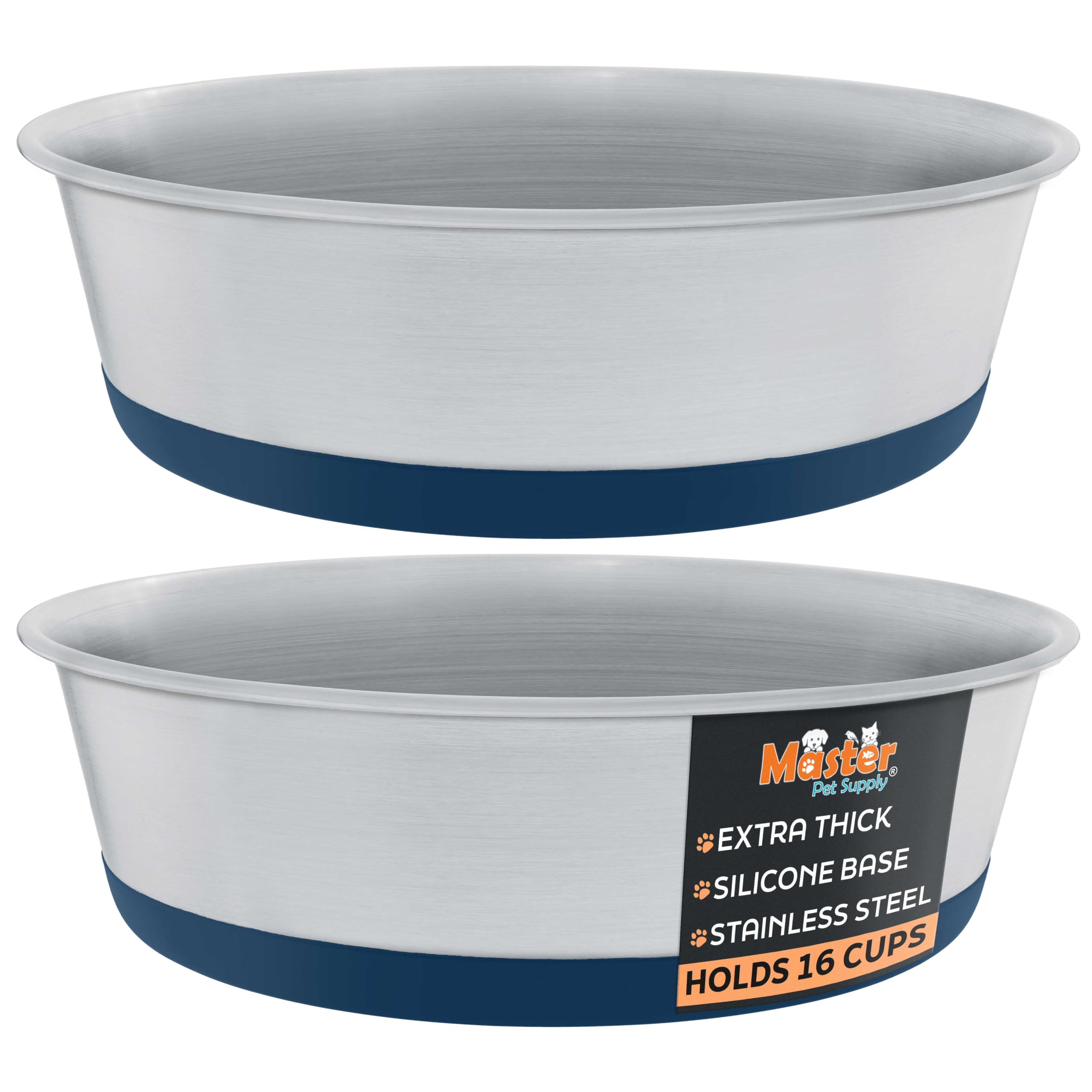Master Pet Supply Stainless Steel Dog Bowls Set of 2 with Extra Thick Silicone Base - 16 Cup (128 oz) Navy Blue, Non-Slip, Dishw