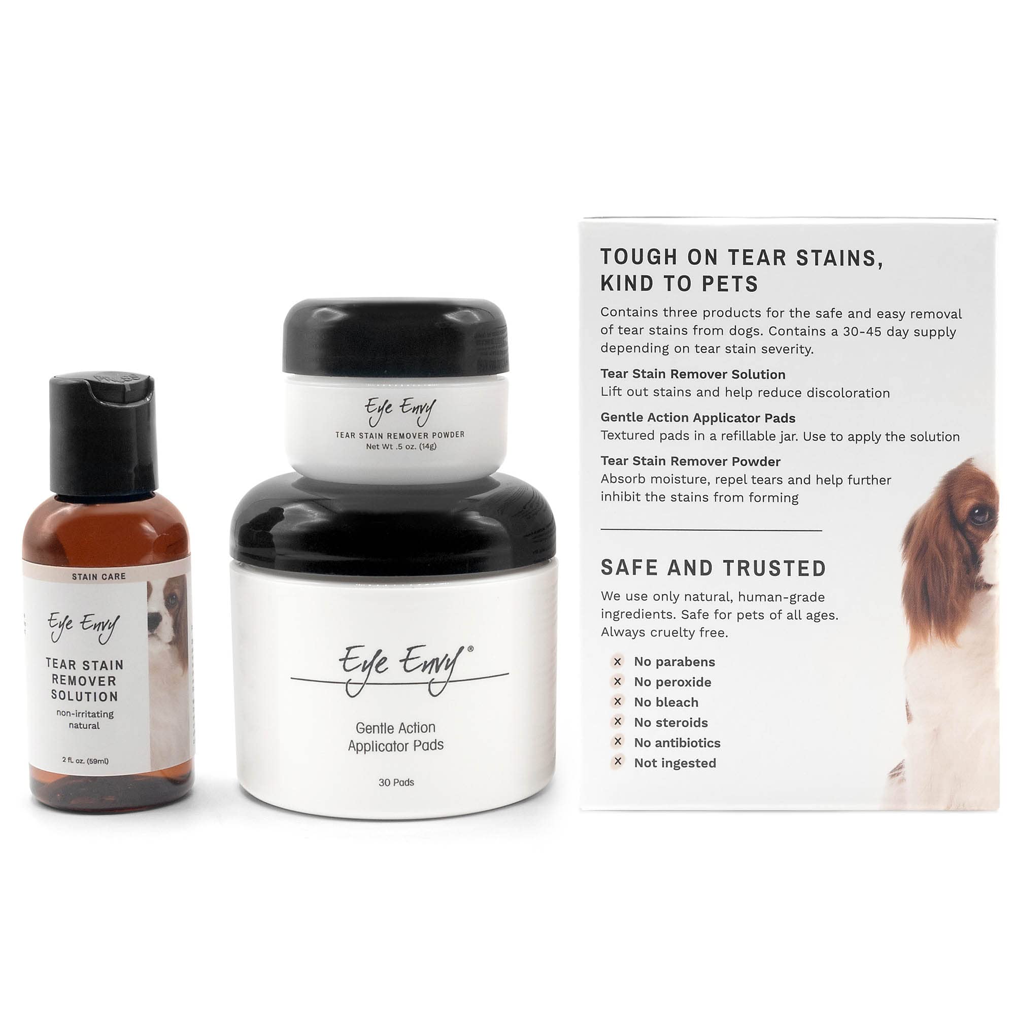 Eye Envy Dog Tear Stain Remover Starter Kit. 100% Natural, Safe. Contains: Stain Solution, Applicator Pads, and Stain Powder. Te