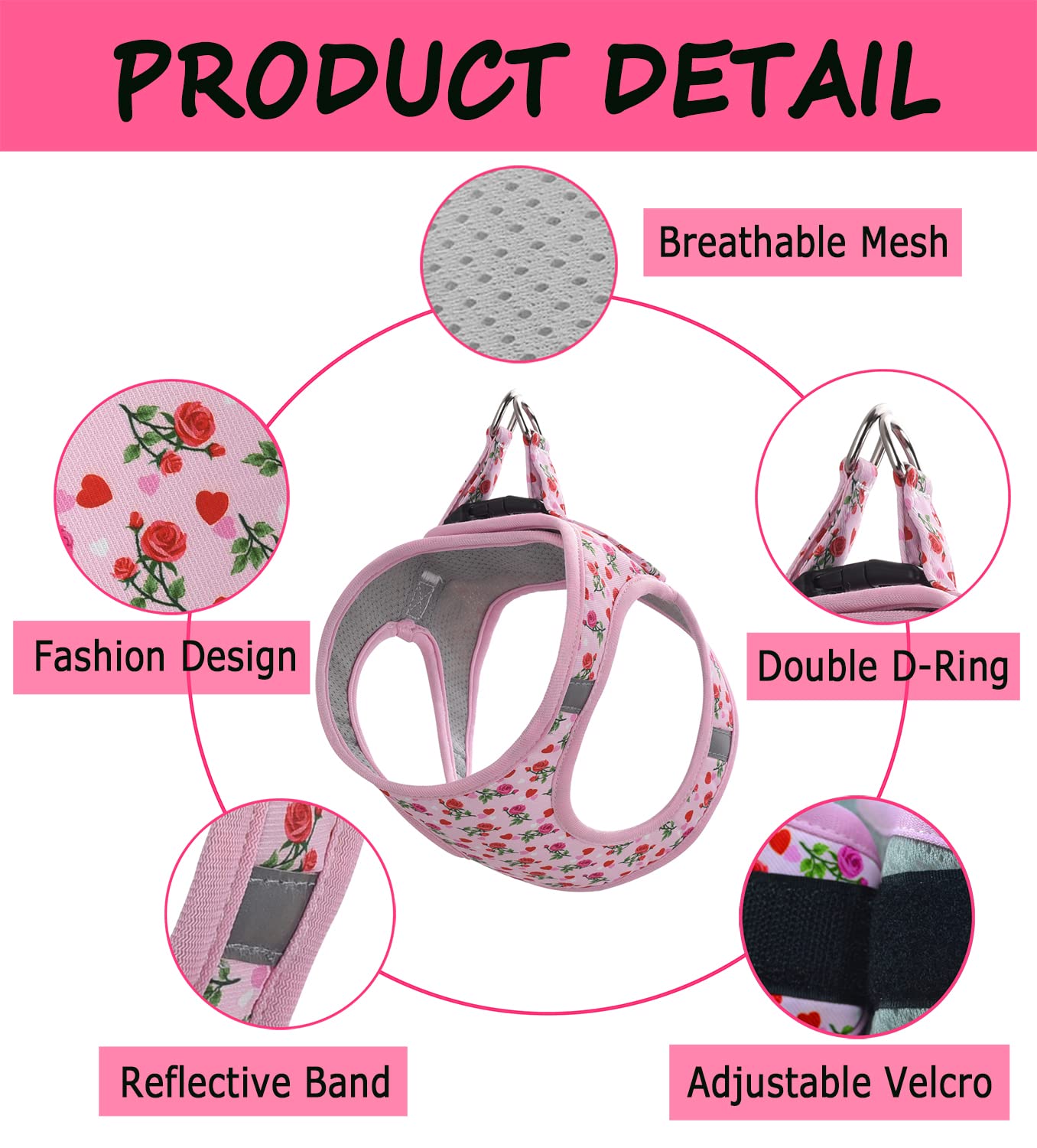 Moonpet Step in Valentine s Day Dog Harness Leash Set- All Weather Reflective No-Pull Floral Pattern Padded Mesh Vest Harness f