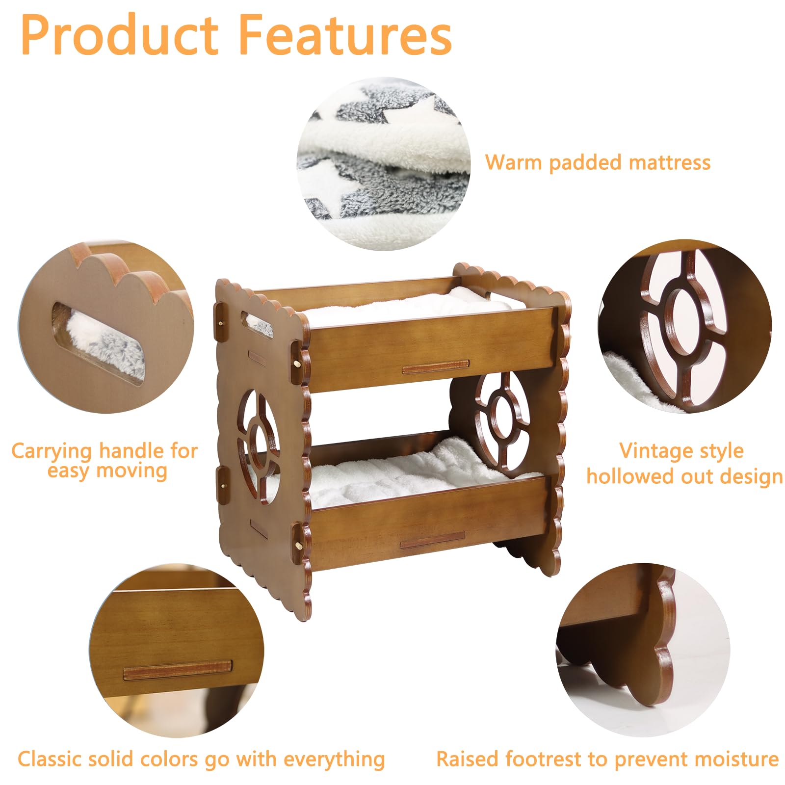 Ankuliy Wooden Cat Bed,Elevated Cat Bed Furniture,Cat Bunk Beds For 2 Indoor Cats,Wood Cat Condo With Mattress,Protect Cat'S Hip