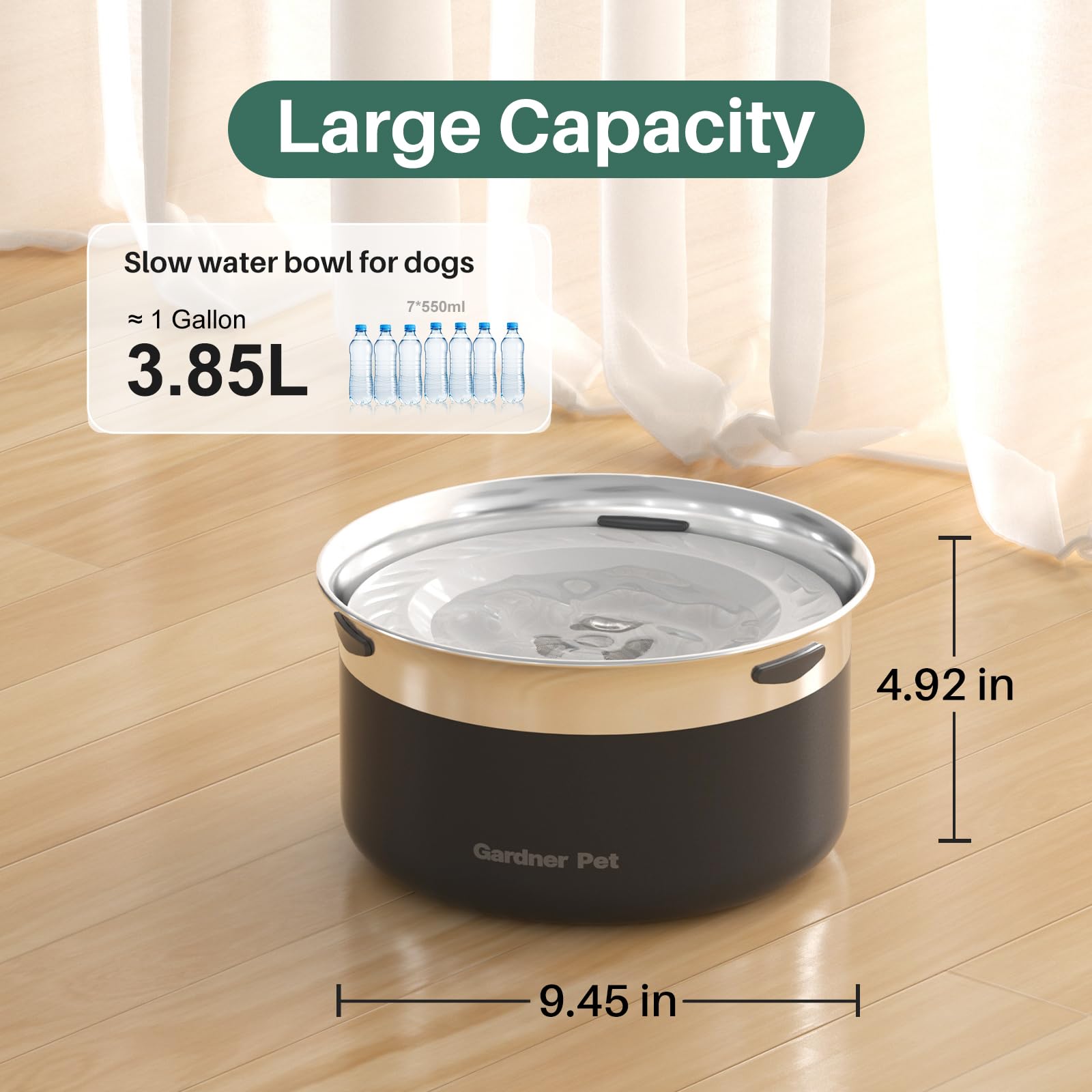 Gardner Pet Dog Bowls 1 Gallon (3.85L) Stainless Steel No Spill Dog Water Bowl, Slow Water Feeder Metal Bowls, Spill Proof Water