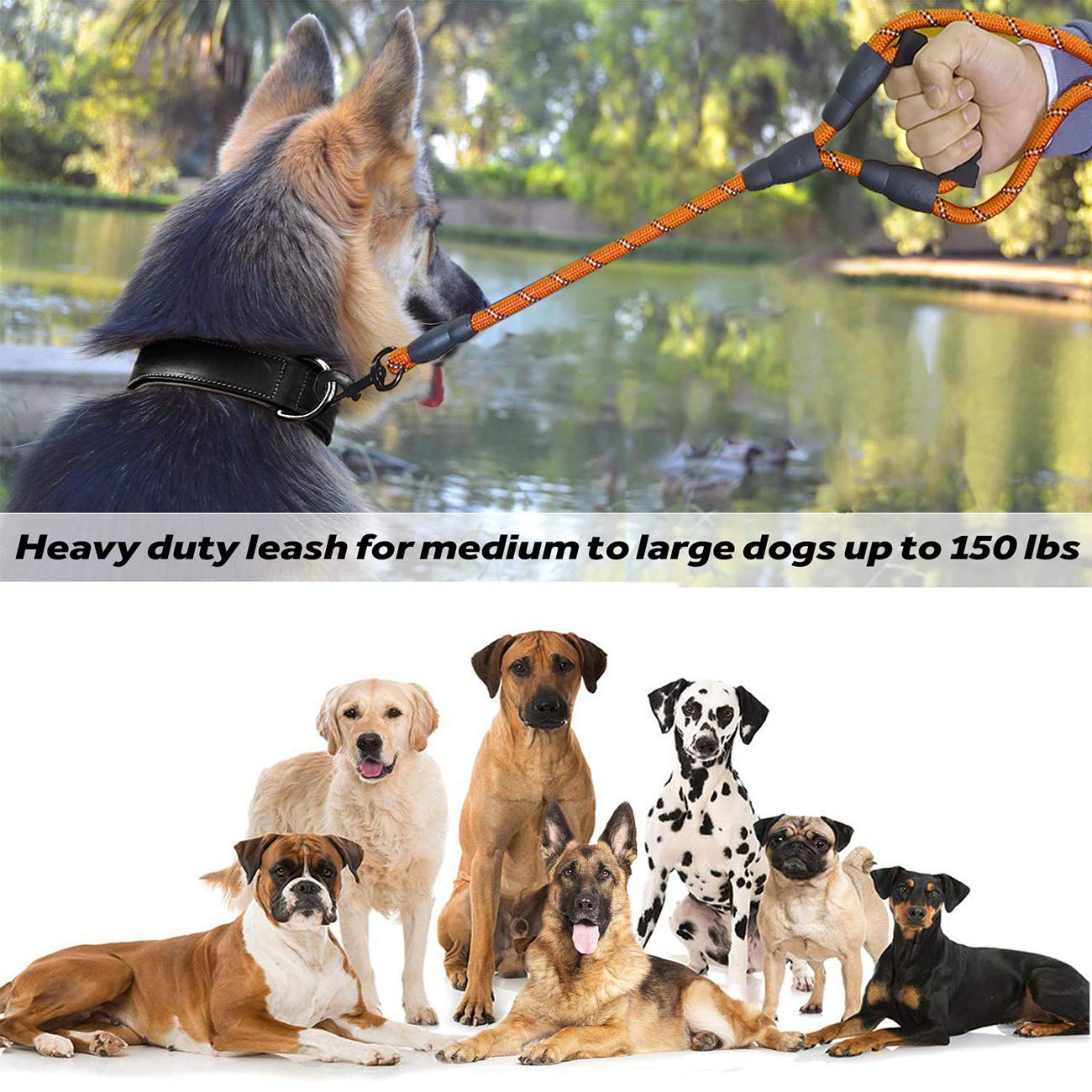 JSXD Heavy Duty Double Handle Dog Leash - 5 FT with Comfortable Padded & Reflective Rope for Small, Medium, Large Dogs (Rope-Ora