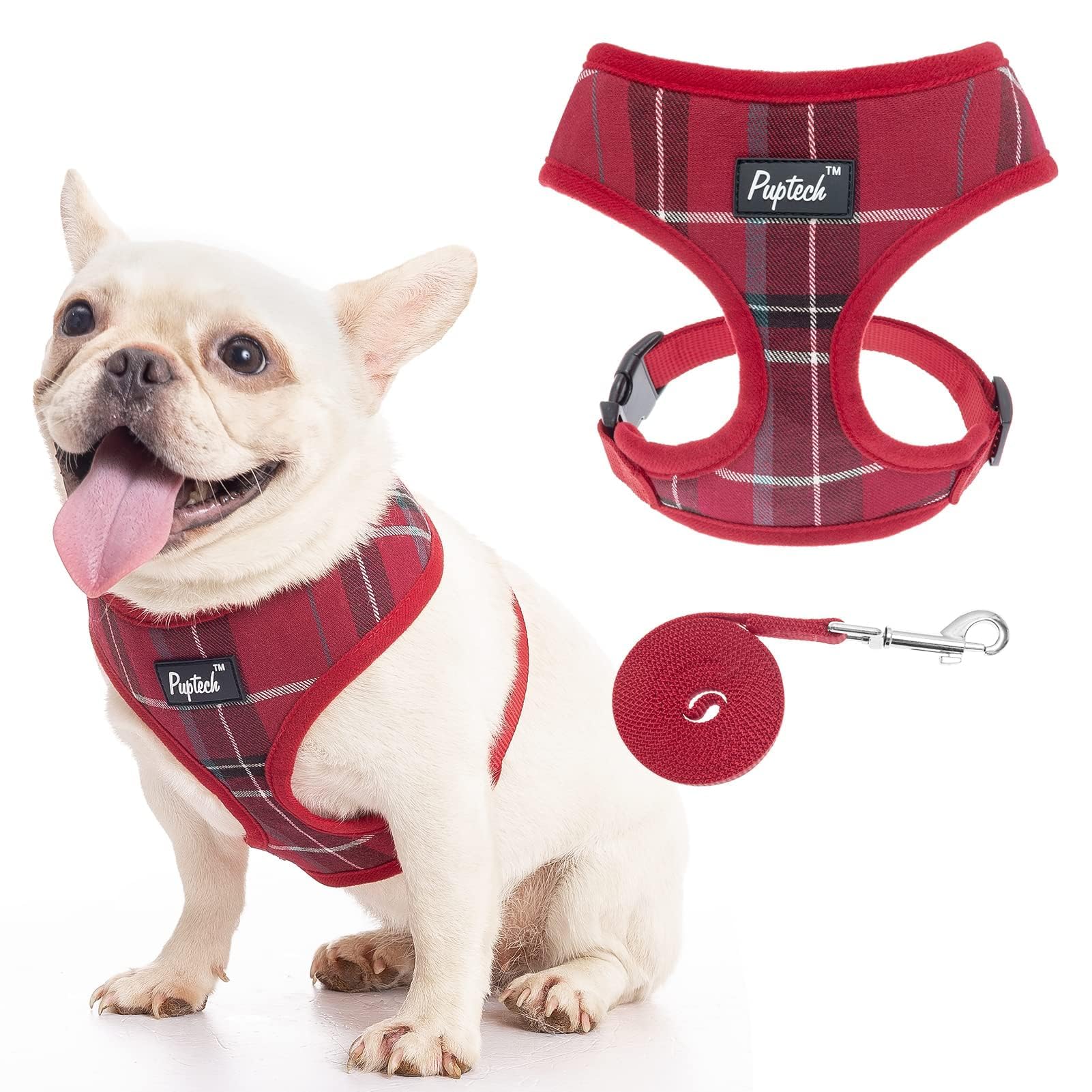 Pupteck Soft Mesh Dog Harness And Leash Set Pet Puppy Cat Comfort Padded Vest No Pull Harnesses, Red, L