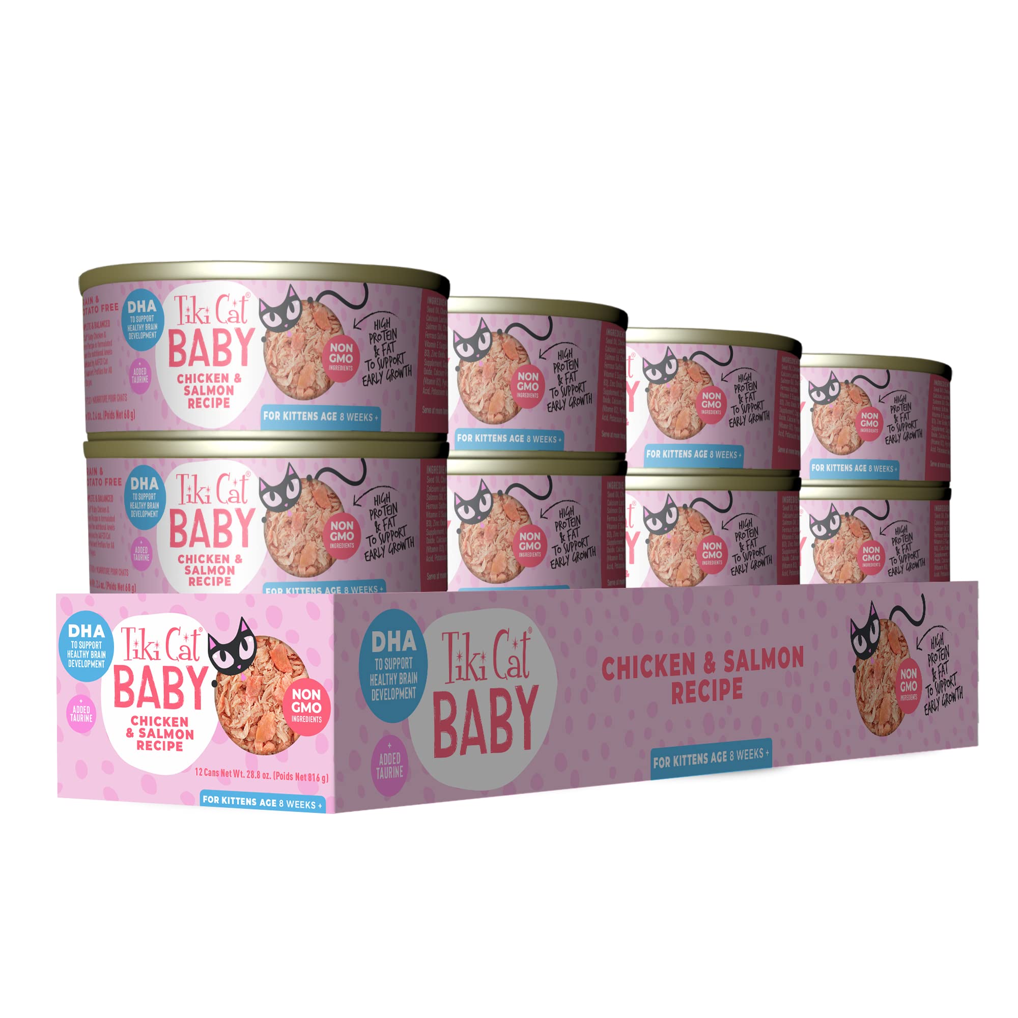 Tiki Cat Baby, Chicken & Salmon, High-Protein and 100% Non-GMO Ingredients, Wet Cat Food for Kittens 8 Weeks+, 2.4 oz. Cans (Pac