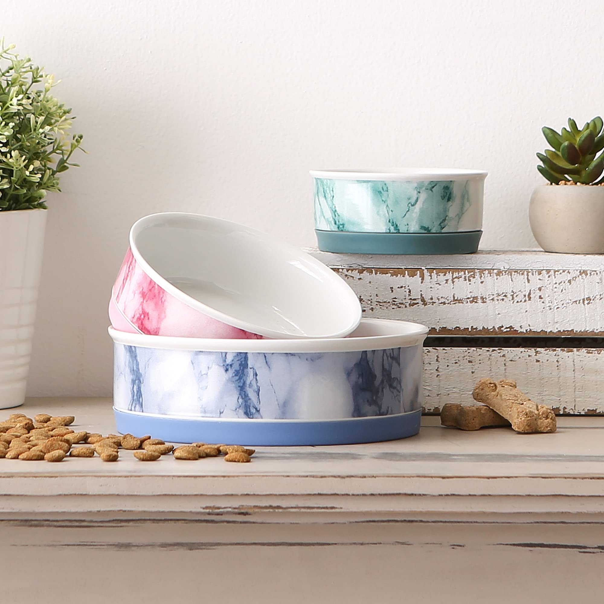 Bone Dry Ceramic Marble Non-Slip Pet Bowls, Dishwasher Safe, Small Set, 4.25x2, Teal, 2 Count