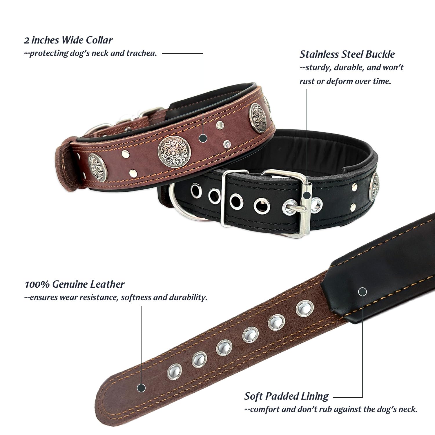 Leather Dog Collar For Large Medium Dogs, Heavy Duty 2 Inches Wide Pet Collars, Thick, Strong, Luxury And Studded Dog Collars Br