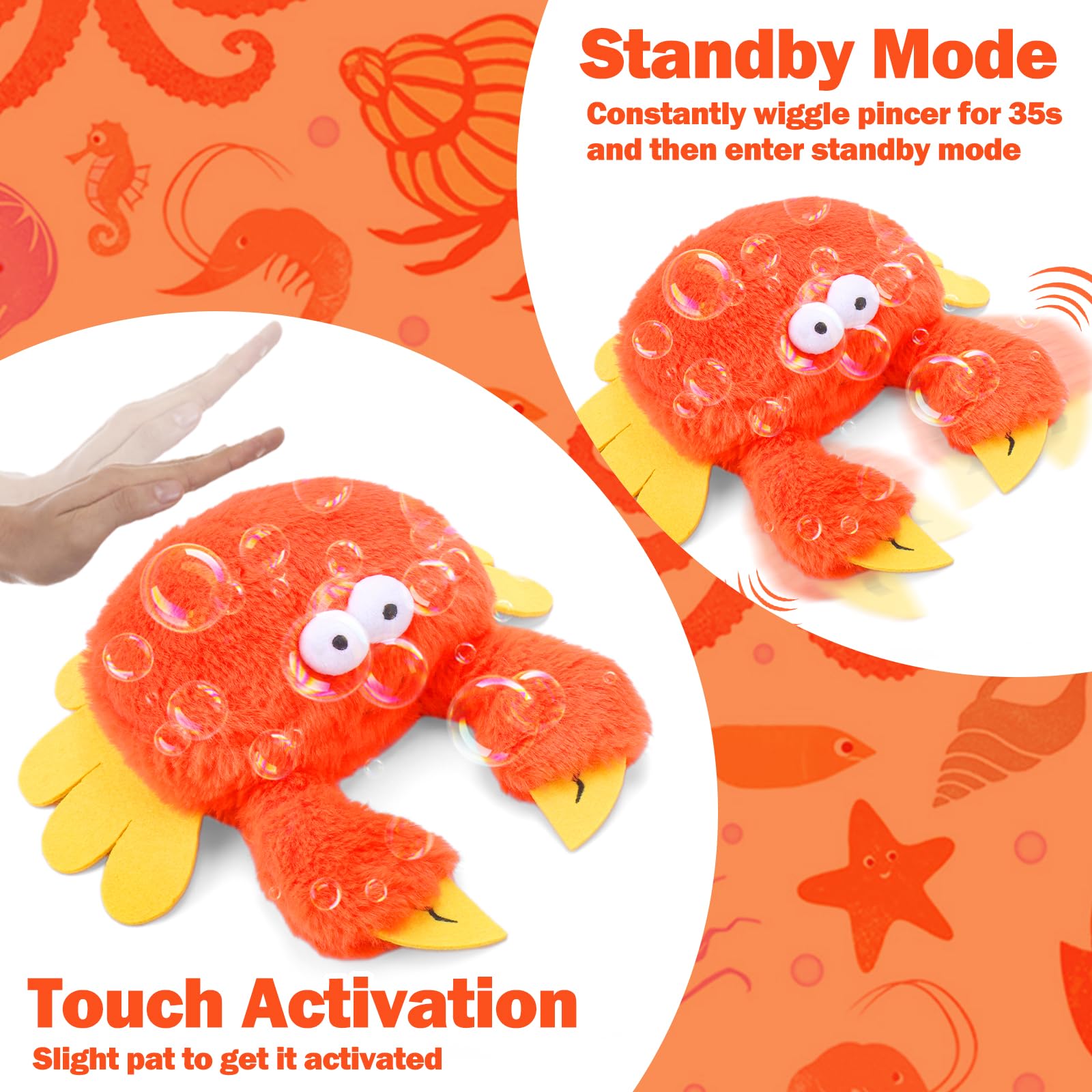 Mity Rain Interactive Dog Toy, Rechargeable Crab Squeaky Plush for Small/Medium/Large Dogs, Touch Activated, Orange, Model Mity rain-934