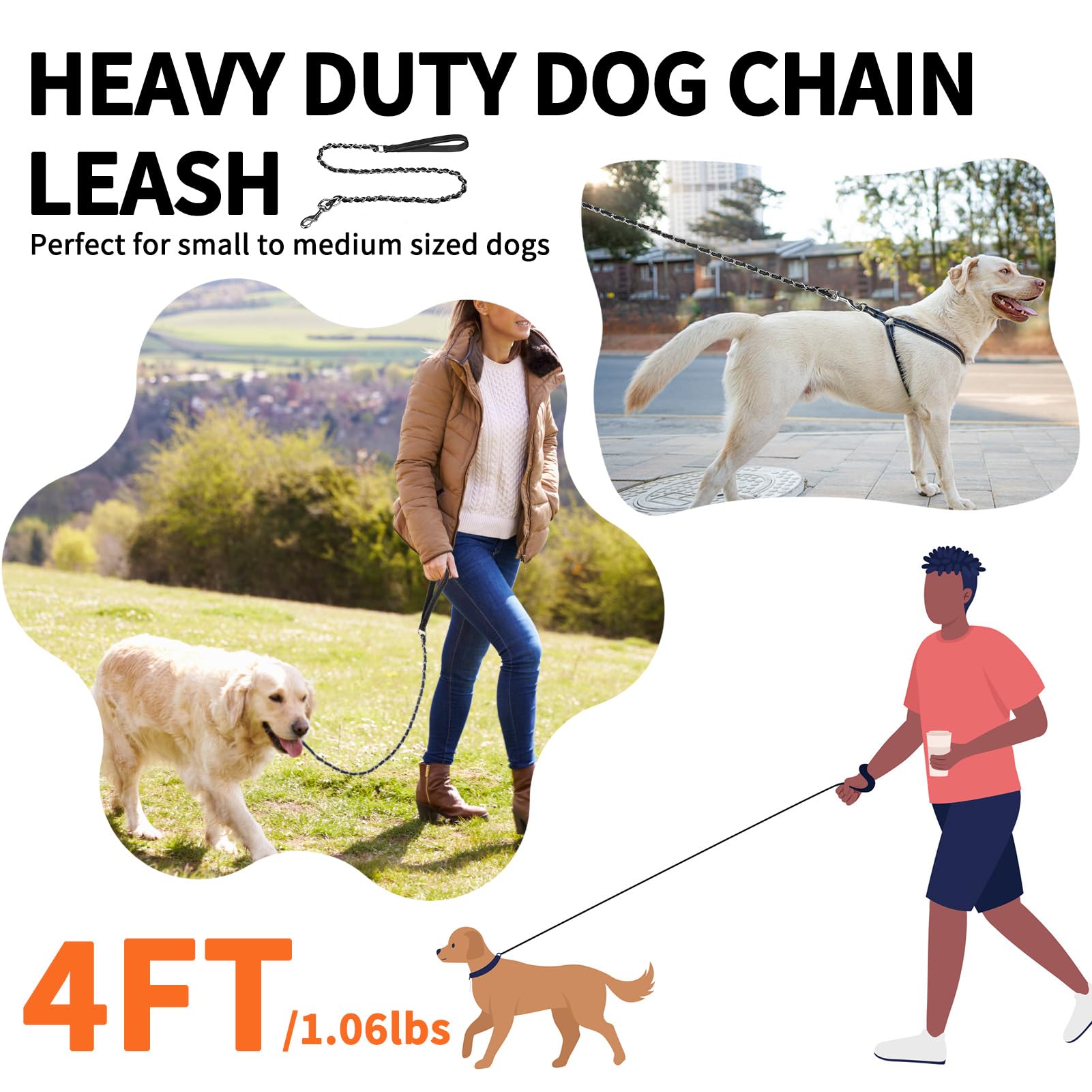 Homimp Heavy Duty Dog Leash - Chew Proof 4 Ft, Reflective, Metal Training Leash With Soft Padded Handle, Strong Rope For Night W