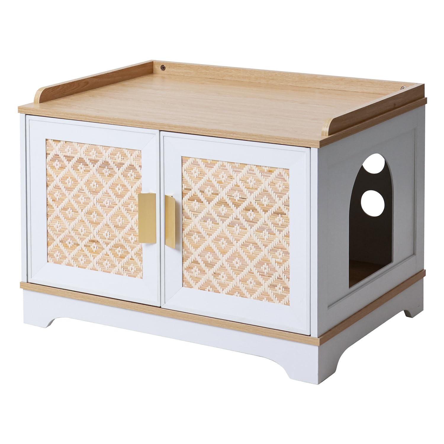 RYpetmia Boho Cat Litter Box Enclosure Furniture, Hidden Litter Box Cabinet with Rattan Doors, Modern Cat Washroom, Wooden Cat H