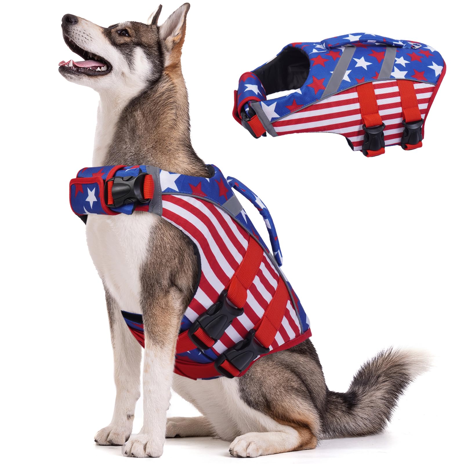 Kuoser Dog Life Jacket Large Breed, Xxl Dog Life Vests For Swimming Boating, American Flag Reflective Dog Water Vest With High F