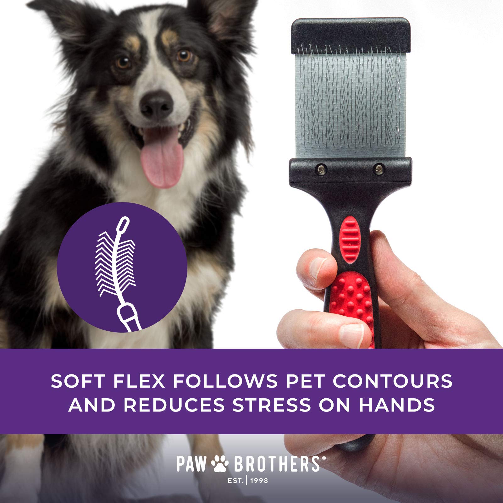 Ryan'S Pet Supplies Paw Brothers Double Sided Soft Flex Slicker Brush, Professional Grade, Angled Stainless Steel Pins, Comfort Grip, Flexible Head, Small, 2 In. X 2.5 In.