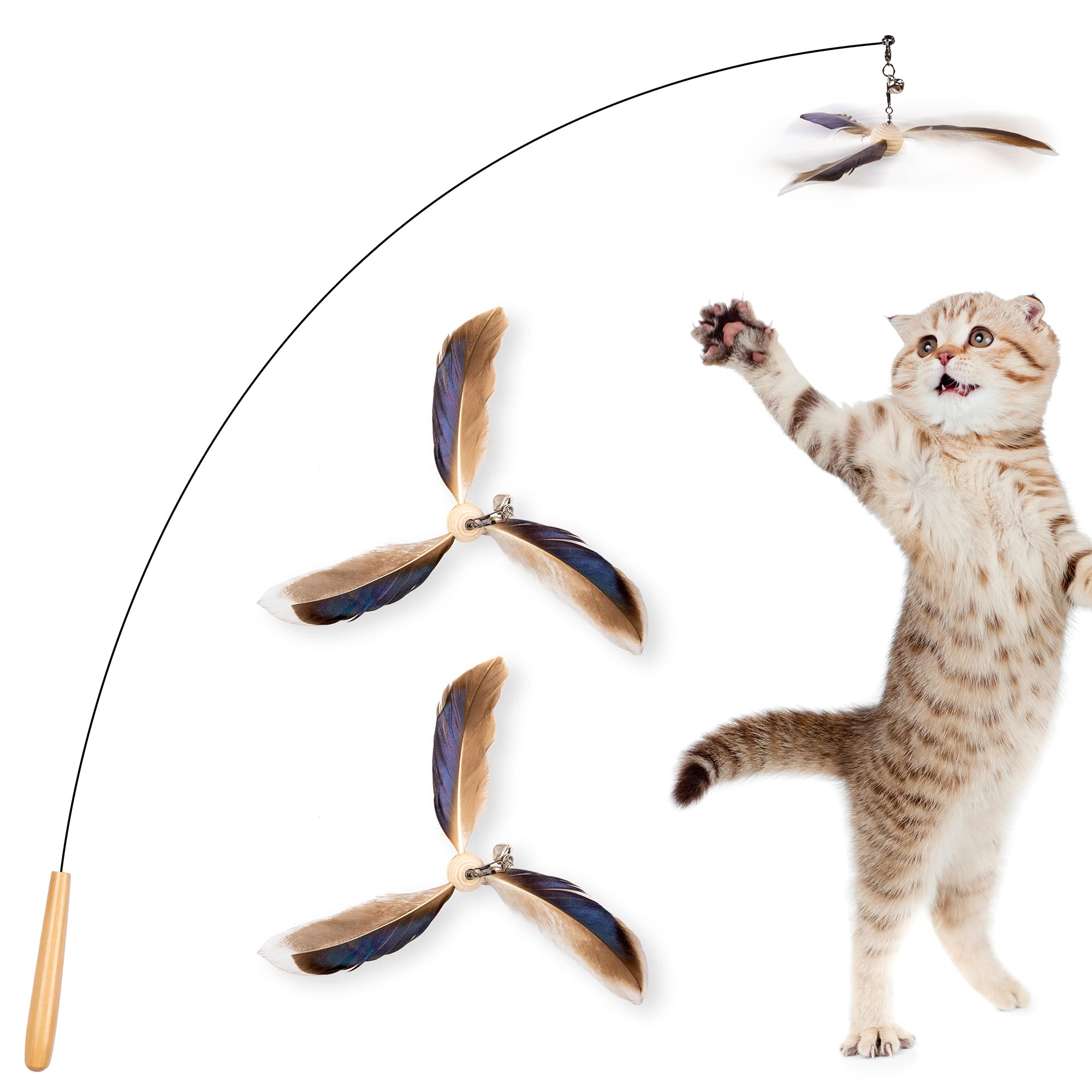 Jxfukal Cat Wand Toys, Interactive Cat Toys With 3 Feather Refills, 29'' Flexible Steel Wire, Sturdy Wood Handle & Bell For Kitty Kitten, Cat Toys For Indoor Cats Cat Teaser Cat String Toy