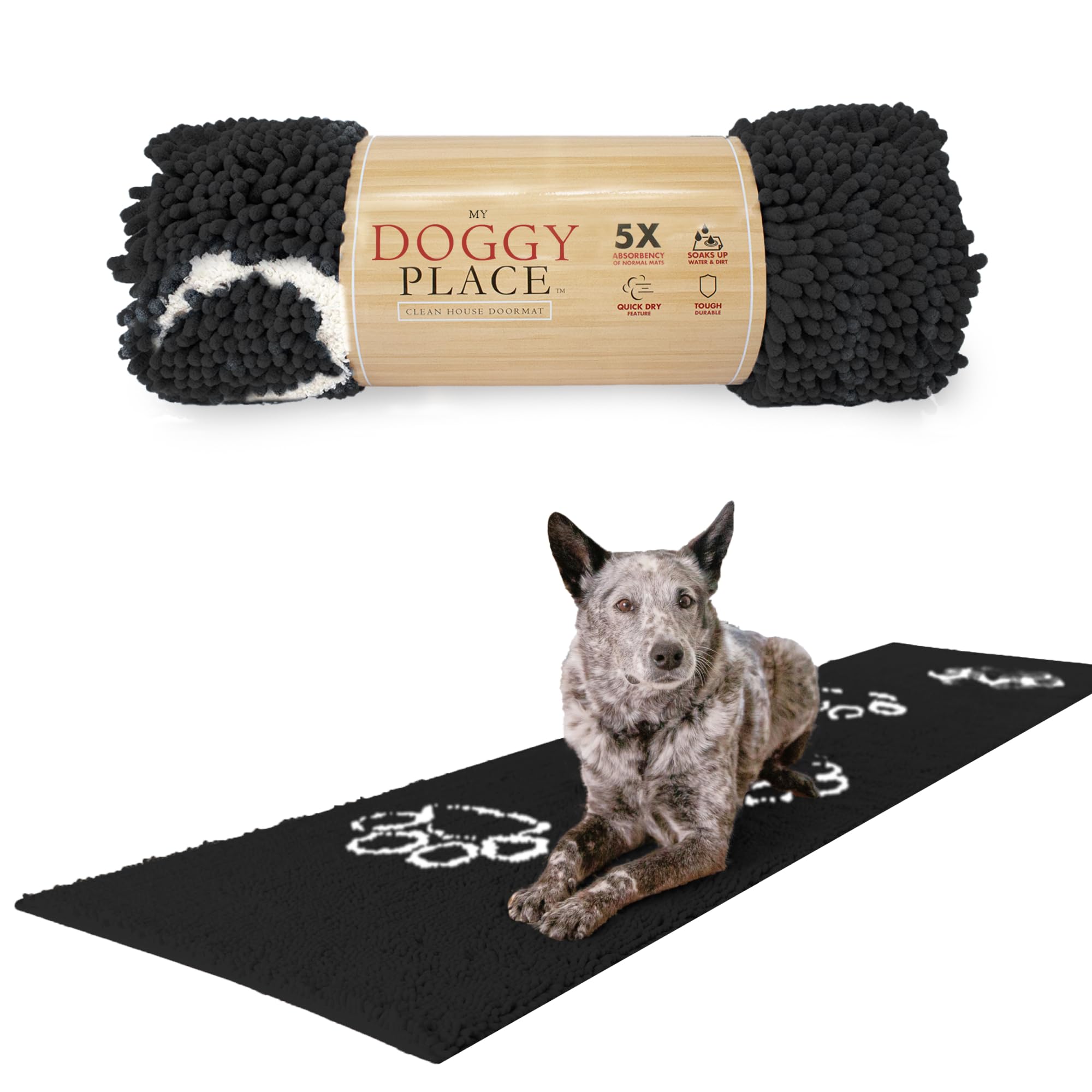 My Doggy Place Microfiber Dog Mat for Muddy Paws, 8 x 2 Charcoal with Paw Print - Non-Slip, Absorbent and Quick-Drying Dog Paw