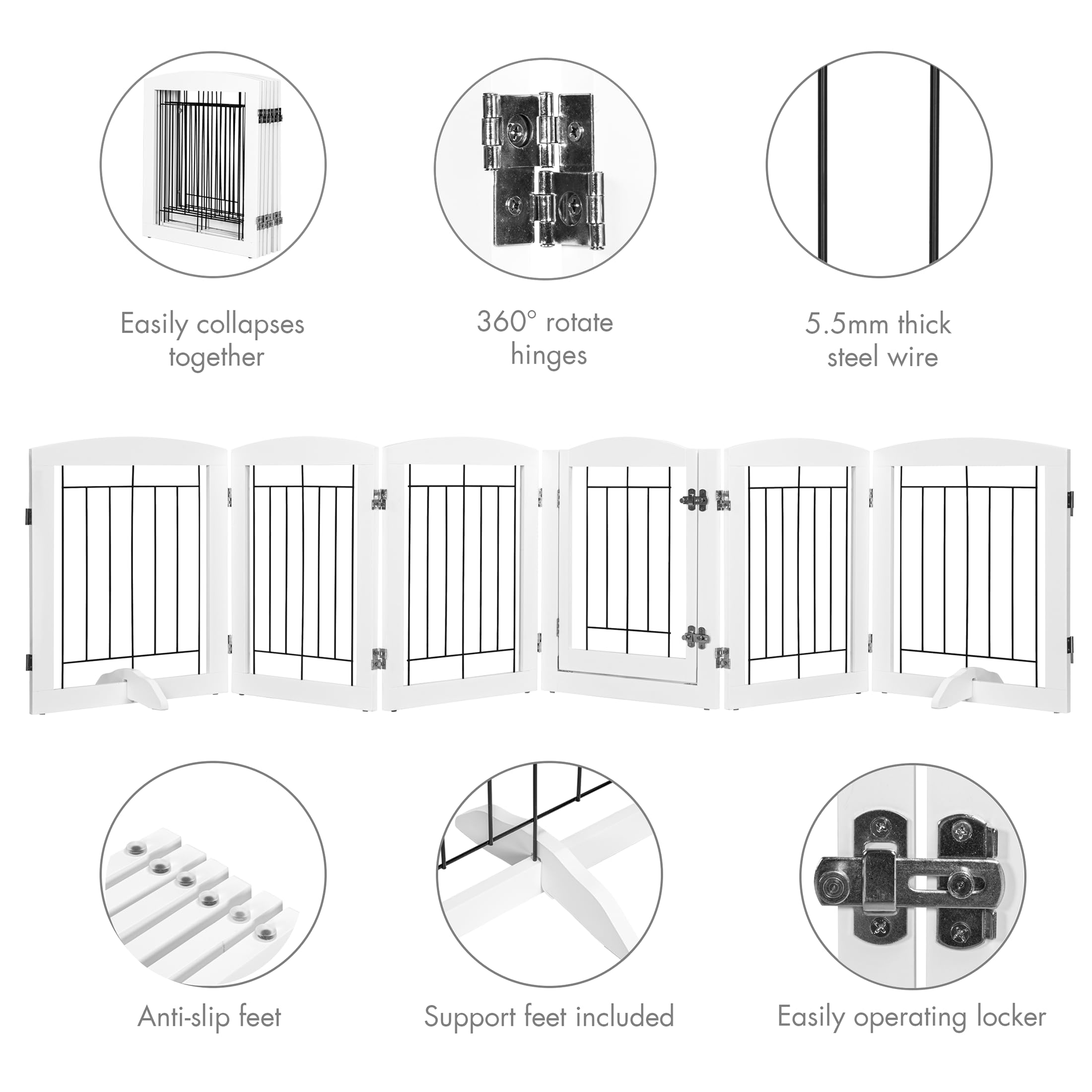 PAWLAND 6 Panels Dog Gate Indoor with Walk Through Door, Foldable FreeStanding Pet Gate for Doorways, Stairs, The Houes, Pet Pup