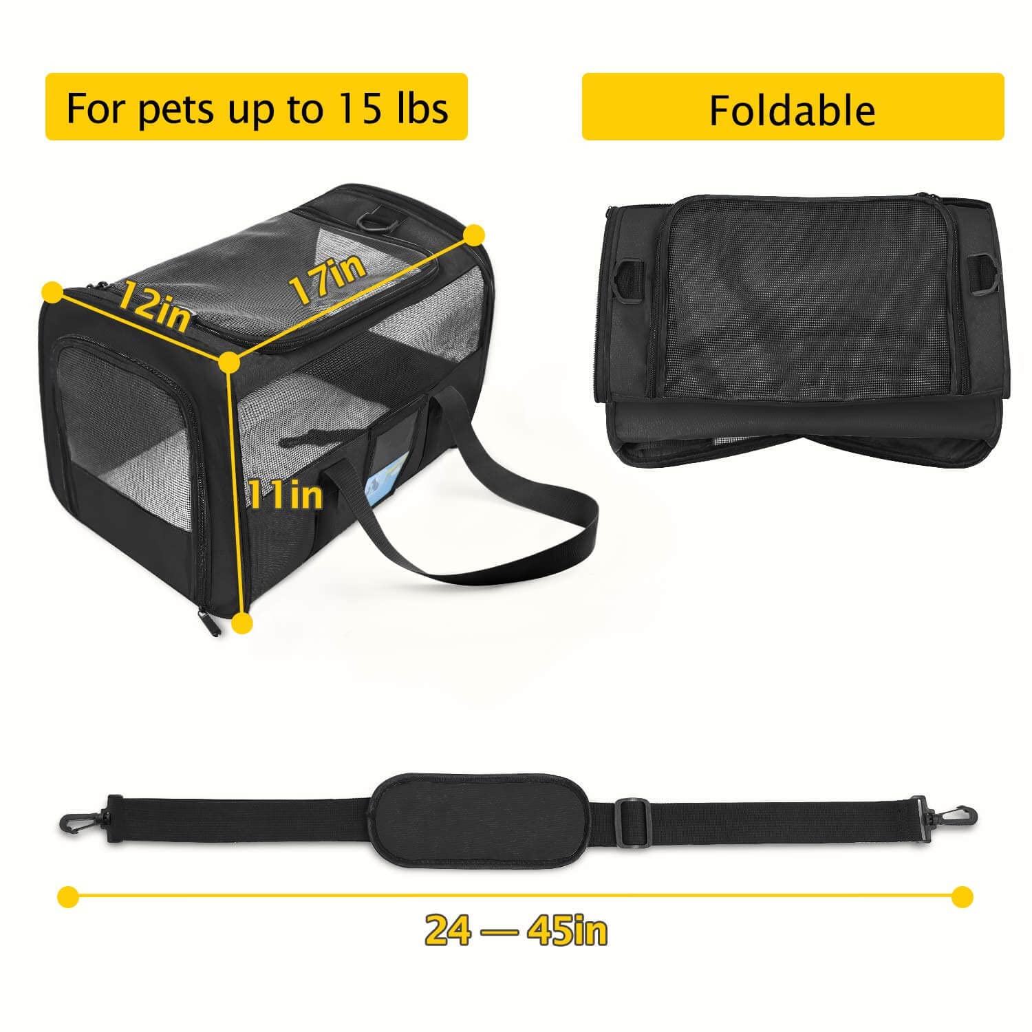 Refrze Pet Carrier - Airline & TSA Approved, Soft Cat & Dog Carrier for Medium & Small Pets, Up to 15 Lbs, Black