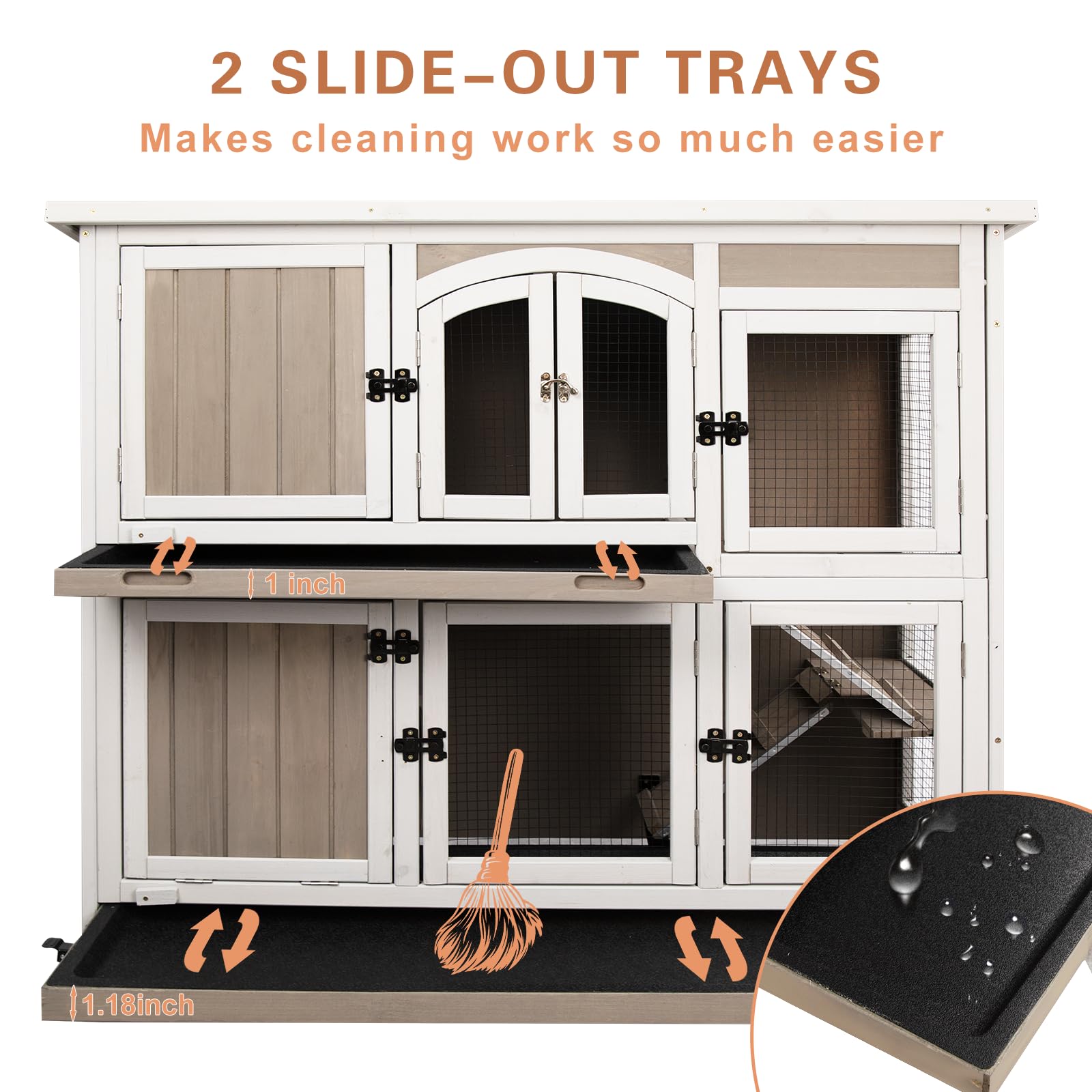 Gowoodhut 47''L Rabbit Hutch Indoor Wooden 2 Story Rabbit Large Bunny Hutch Outdoor Bunny Cage On 4 Metal Wheels And 2 Deeper Pu