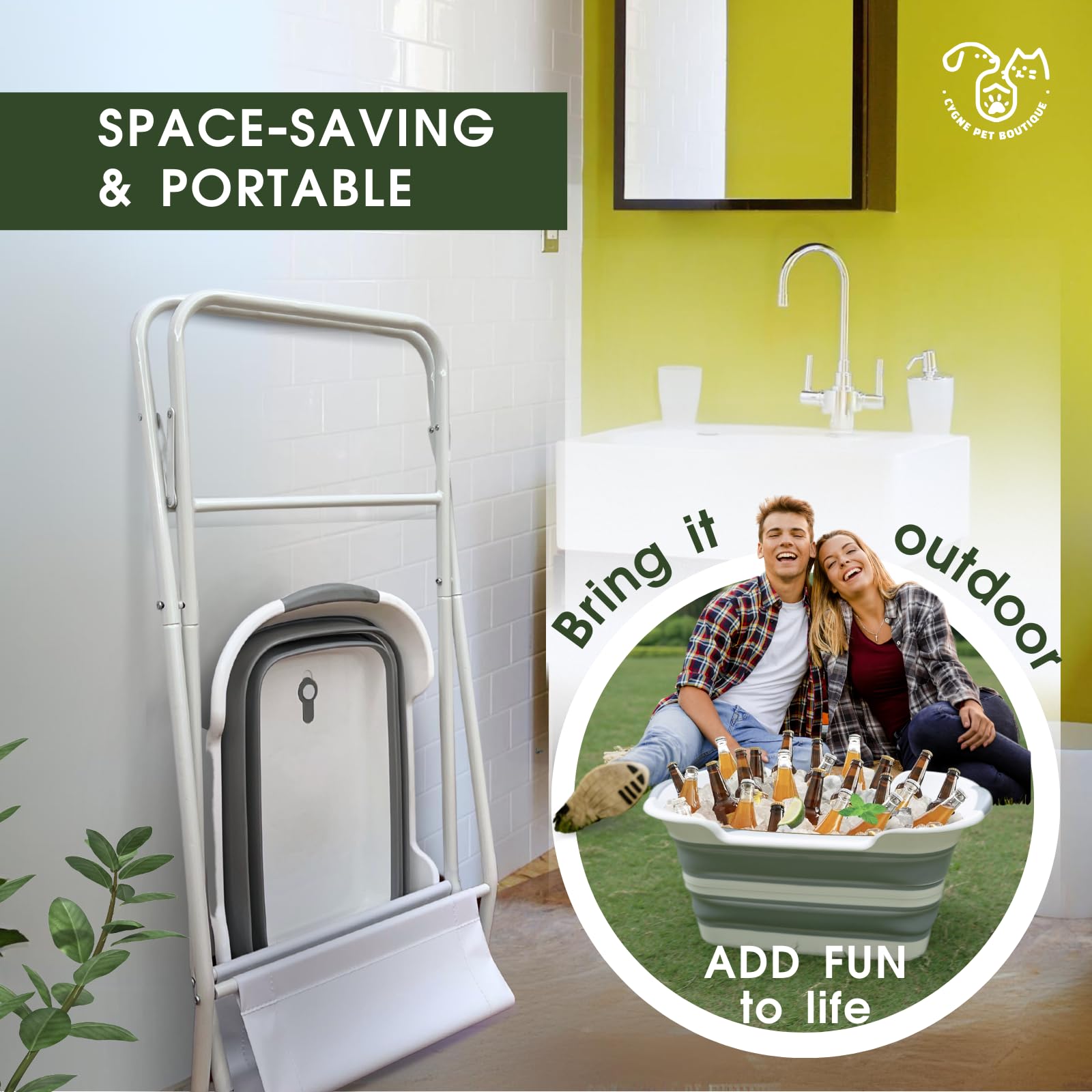 Cygne 2-In-1 Dog Bathtub & Washing Station, Elevated Collapsible Bathtub With Drainhole, Shower Head Holder & Storage Rack, Fold