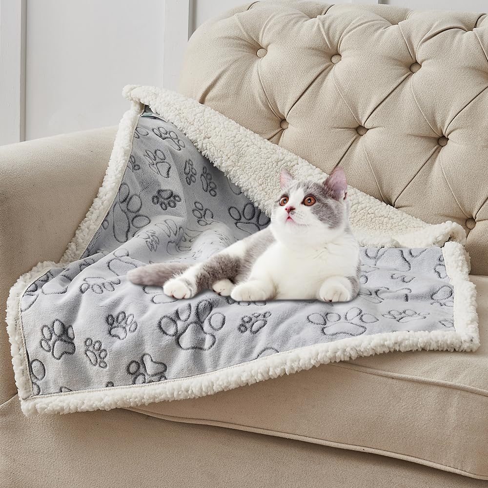 Qeils Dog Blanket - Waterproof, Washable Sherpa Fleece, 50"x60", Grey Paw Print for Large Dogs, Soft Plush Reversible Blanket