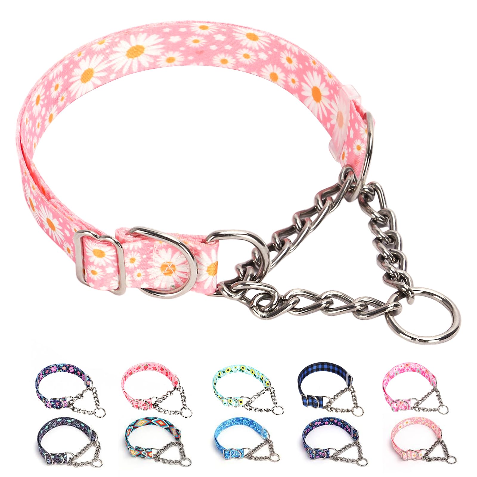 Stainless Steel Chain Martingale Dog Collar, No Pull Slip Cinch Choker Choke Collar Training Escape Proof Heavy Duty Dog Collar 